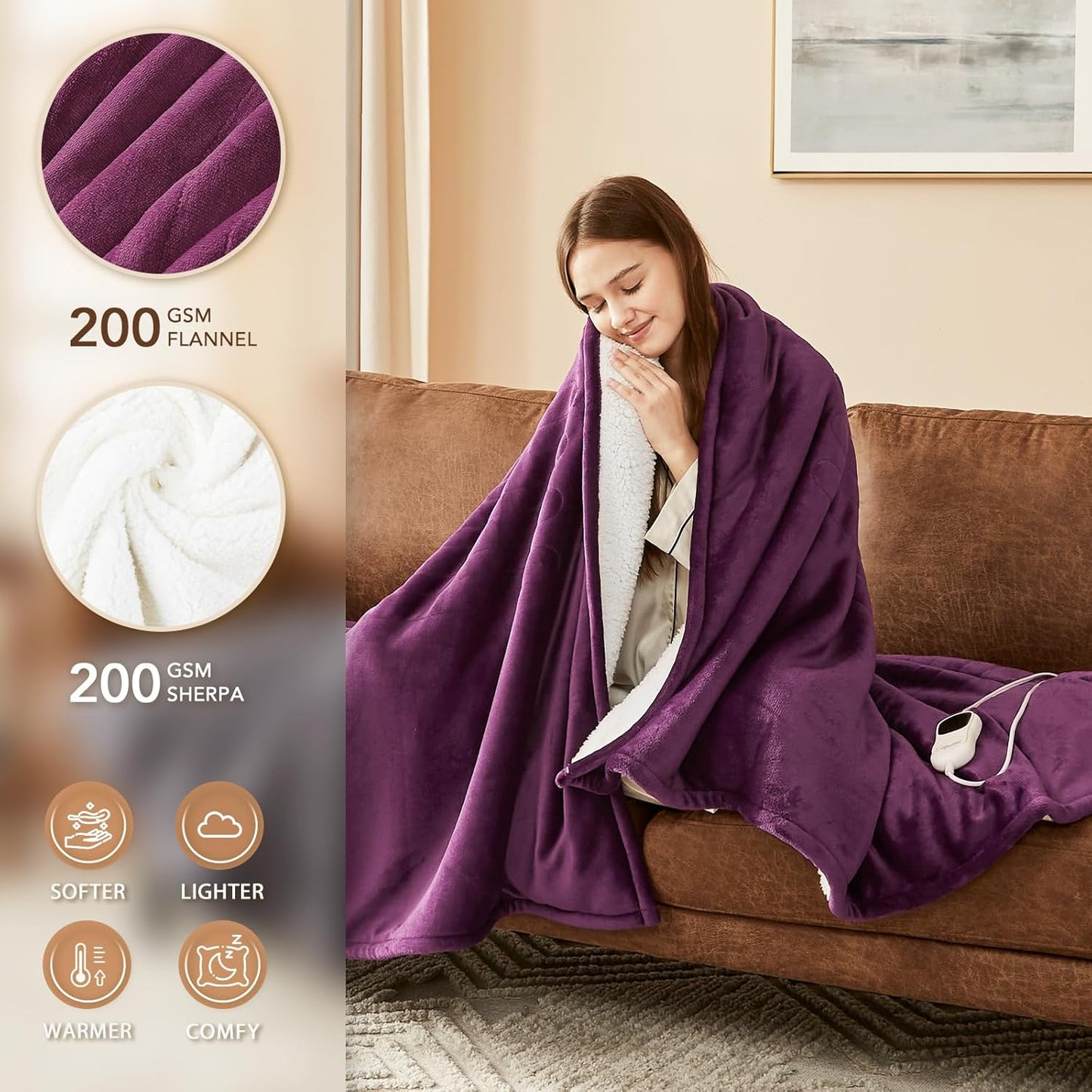 Homemate Heated Blanket Electric Throw - 50"x60" Heating Blanket Throw 1/2/4/6/8 Hours Auto-Off 10 Heat Level Over-Heat Protection Flannel Sherpa ETL Certification
