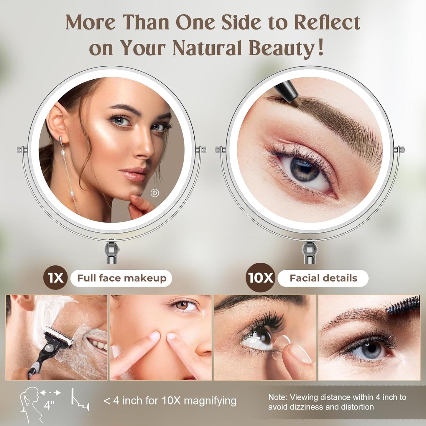 9" Wall Mounted Makeup Lighted Mirror, 4000mAh Rechargeable Double Sided LED Vanity Mirror with Height Adjustable&1X/10X Magnification, 3 Color Lights Touch Screen Dimmable 360°Swivel Bathroom Mirror