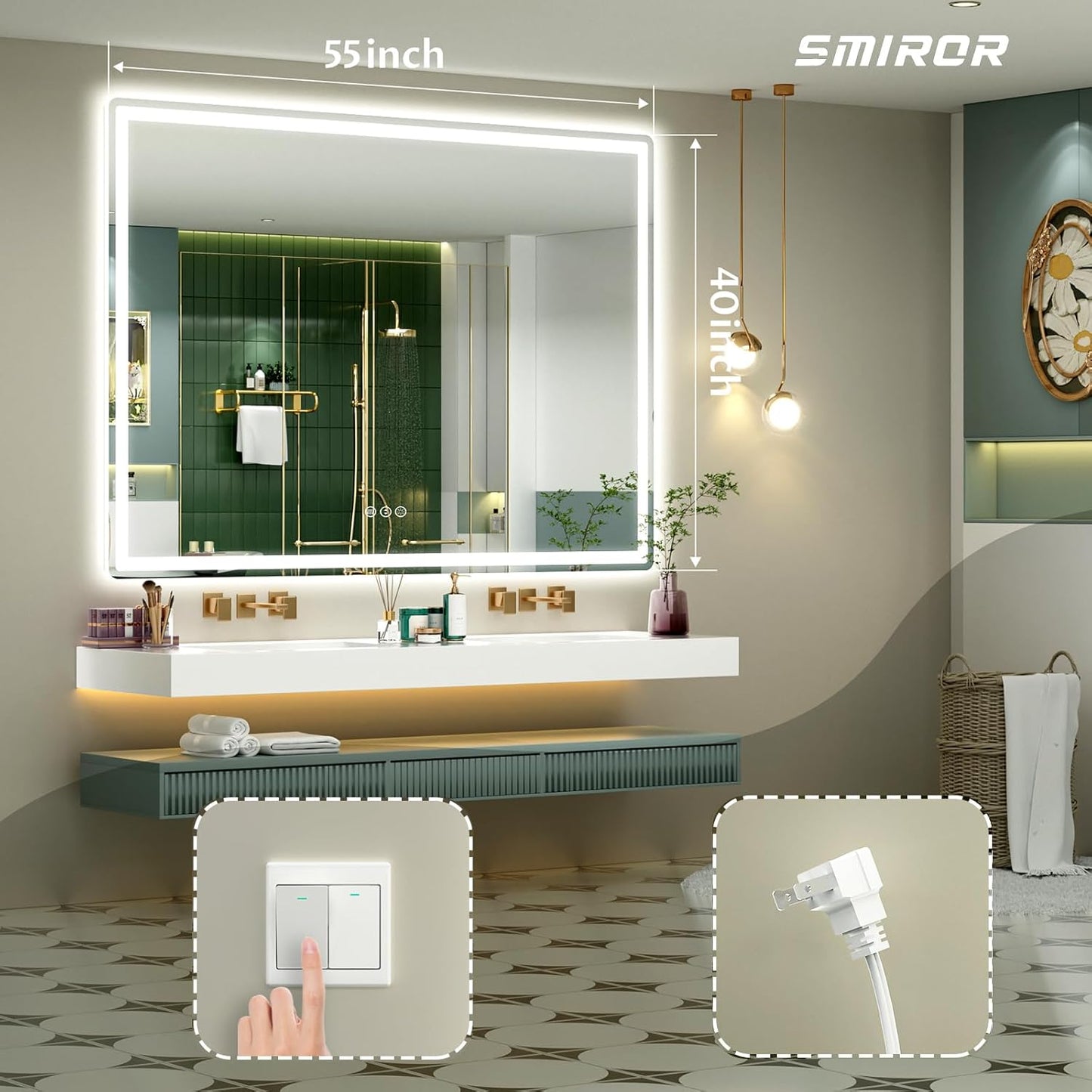 SMIROR LED Bathroom Mirror with Lights 55"x 40", Rounded Rectangle Lighted Vanity Mirror for Wall, Front Lit and Backlit, 3 Colors, Dimmable, Anti-Fog, Tempered Glass (Horizontally/Vertically)