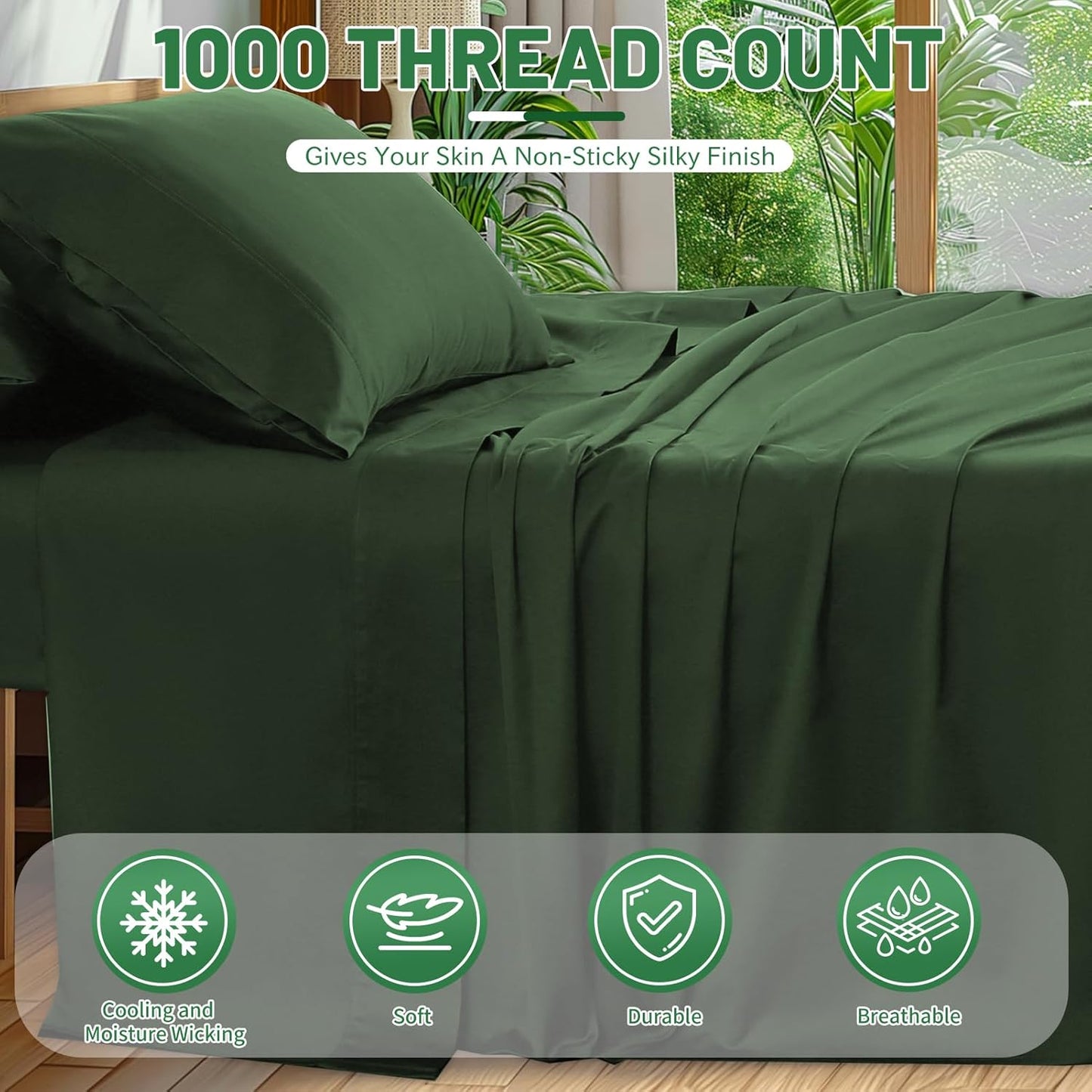 100% Egyptian Cotton Sheets King Size 1000 Thread Count Sateen Weave Soft Breathable 16-Inch Deep Pocket 4PCS（King,Forest Green）