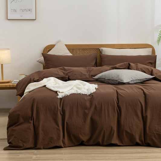 BESTOUCH Duvet Cover Set 100% Washed Cotton Linen Feel Super Soft Comfortable Chic Lightweight 3 PCs Home Bedding Set Solid Cocoa Brown Super King Plus