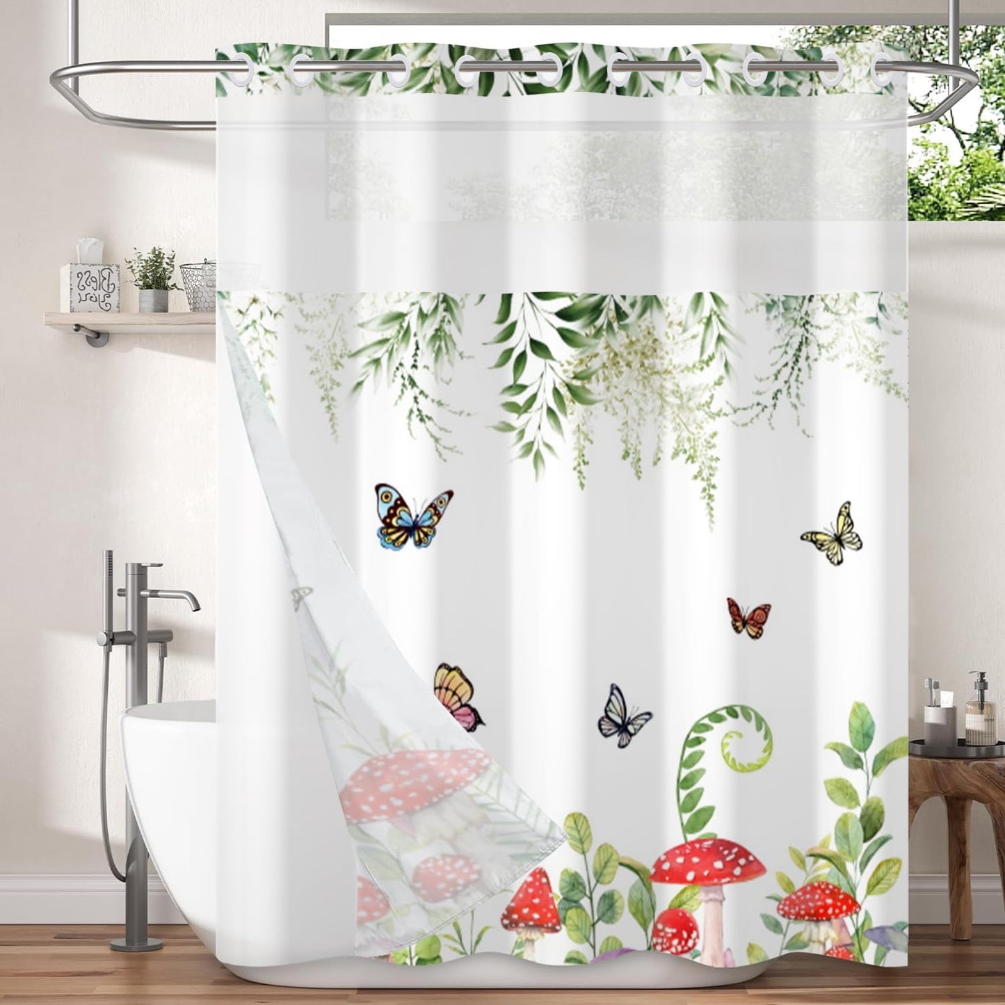 Spring Shower Curtain No Hooks with Snap-in Fabric Liner Set,Green Leaf Mushroom Butterfly Shower Curtain for Bathroom,Hotel Decor Waterproof Shower Curtains,with See Through Top Window,71W x 74H