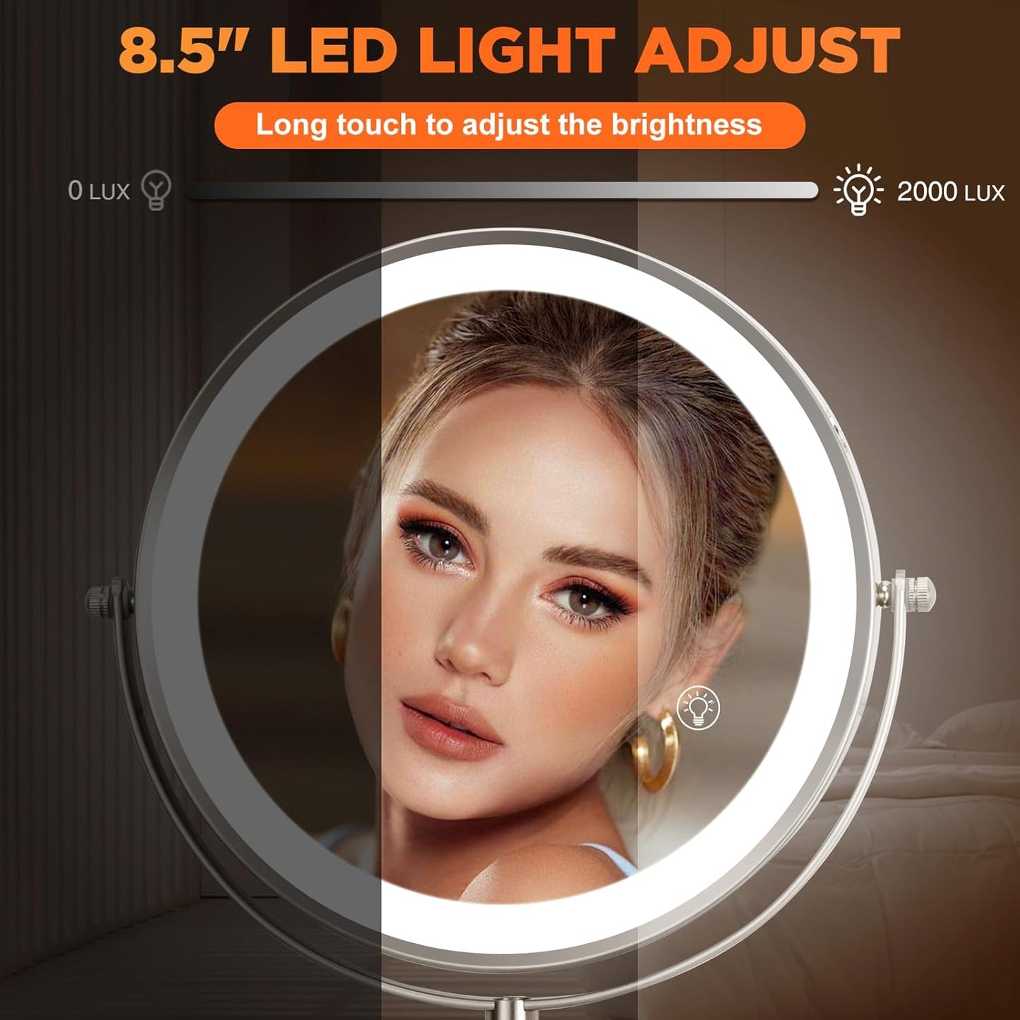 15x Wall Mounted Makeup Mirror, 8" Rechargeable Double-Sided Magnifying Mirror, 3 Color Lights for Makeup,365°Swivel for Shaving - Nickel