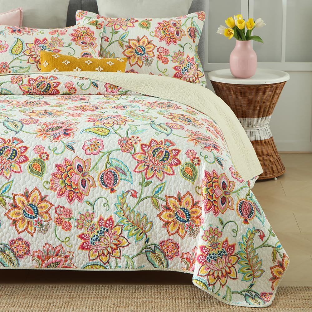 Cotton Bedspread Bedding Coverlet Quilt Sets, Reversible Vintage Branch Floral Bedspread comforters,(Vintage Floral White Pattern, King Size)