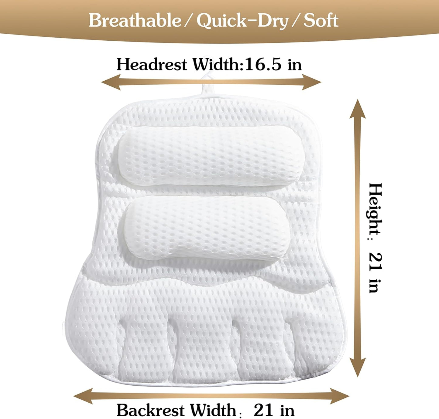 Luxury Bath Pillow for Tub, Dual Headrest & Back Support, 4D Air Mesh Quick-Dry Cushion, 10 Strong Suction Cups, Extra-Large Spa Bathtub Pillow Gift for Women(White)