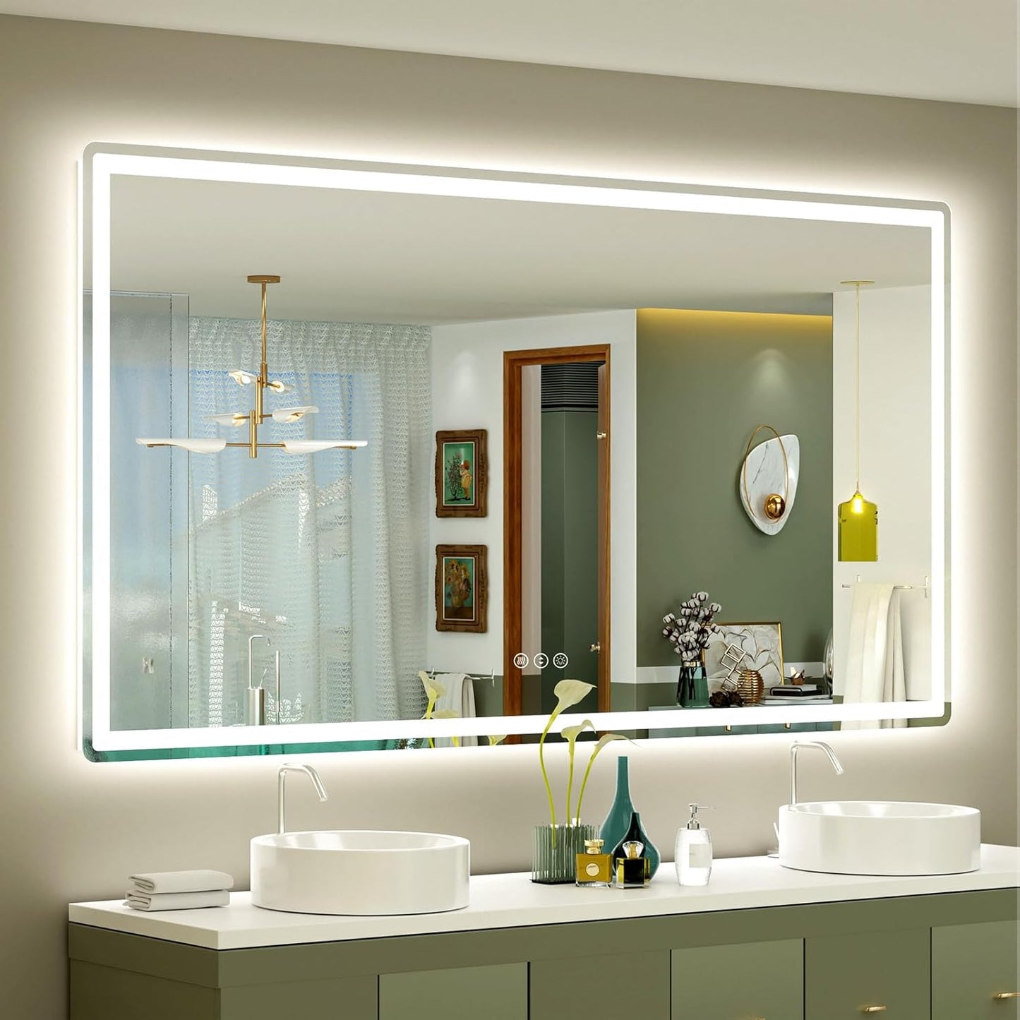 SMIROR LED Bathroom Mirror with Lights 66"x 36", Rounded Rectangle Lighted Vanity Mirror for Wall, Front Lit and Backlit, 3 Colors, Dimmable, Anti-Fog, Tempered Glass (Horizontally/Vertically)