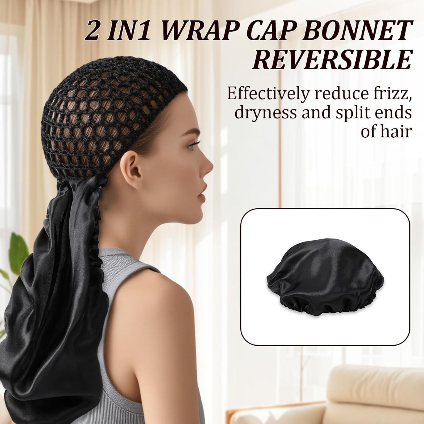 2 In1 Wrap Cap Bonnet Reversible,Adjustable Hair Wrap Cap Nettie Band Net, Double Layered Long Hair Silk Press Set Braid Bonnet for Curly Black