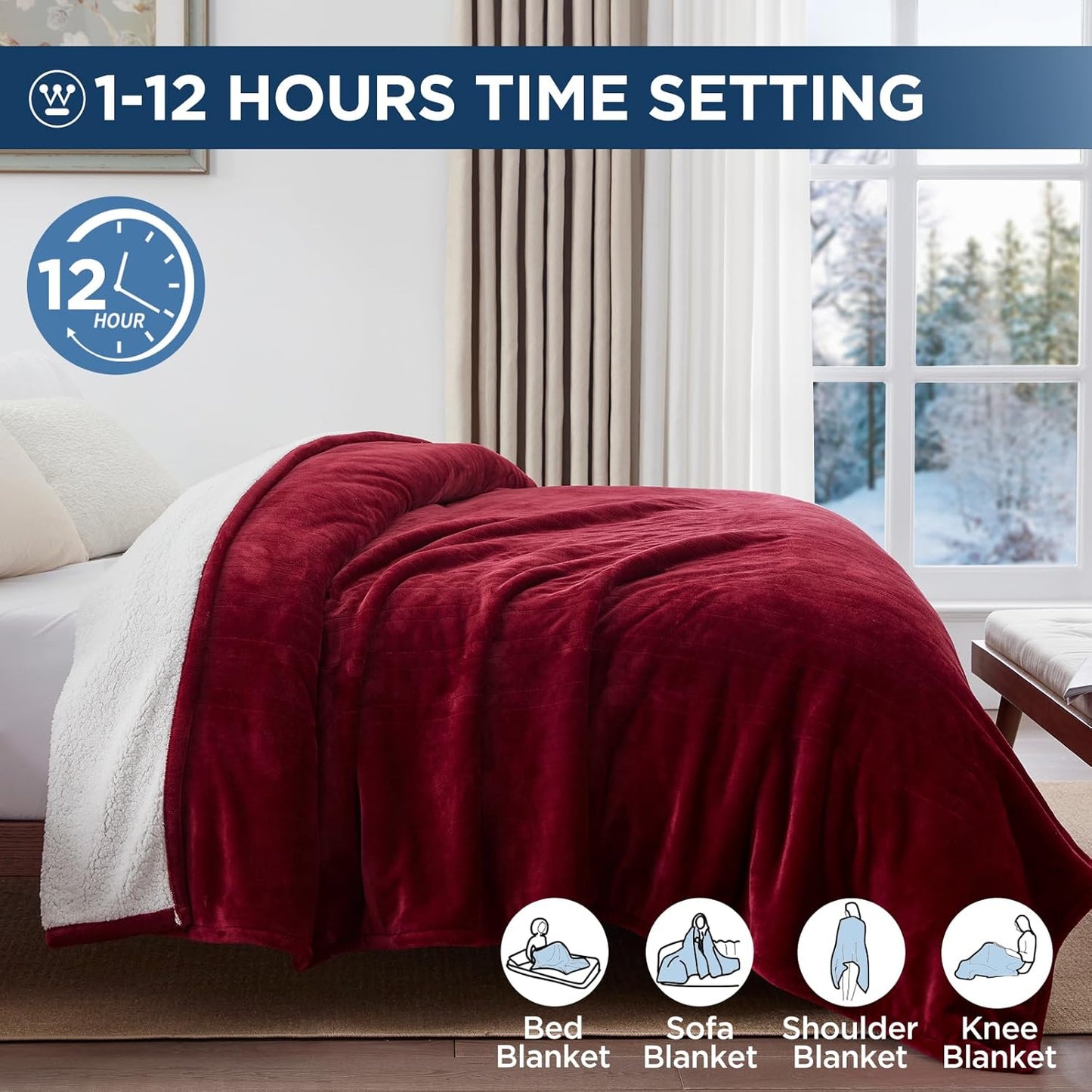 Westinghouse Electric Blanket King, Heated Blanket King Size with 10 Heating Levels and 1 to 12 Hours Heating Time Settings, Flannel to Sherpa Reversible, Machine Washable (90" x 100", Red)
