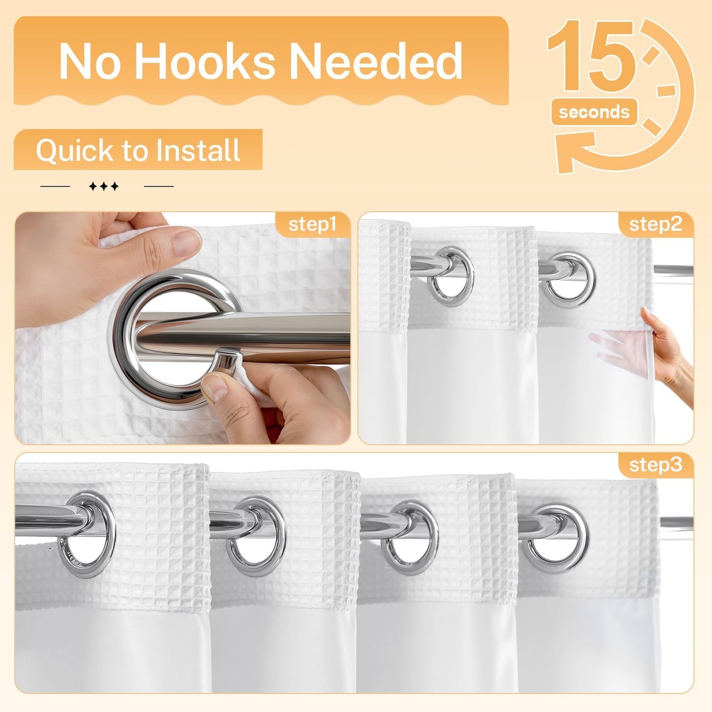 River Dream White Fabric Shower Curtain Set, Cotton Blend, Waffle Weave, with Snap in Replacement Liner，54 x 80 inches