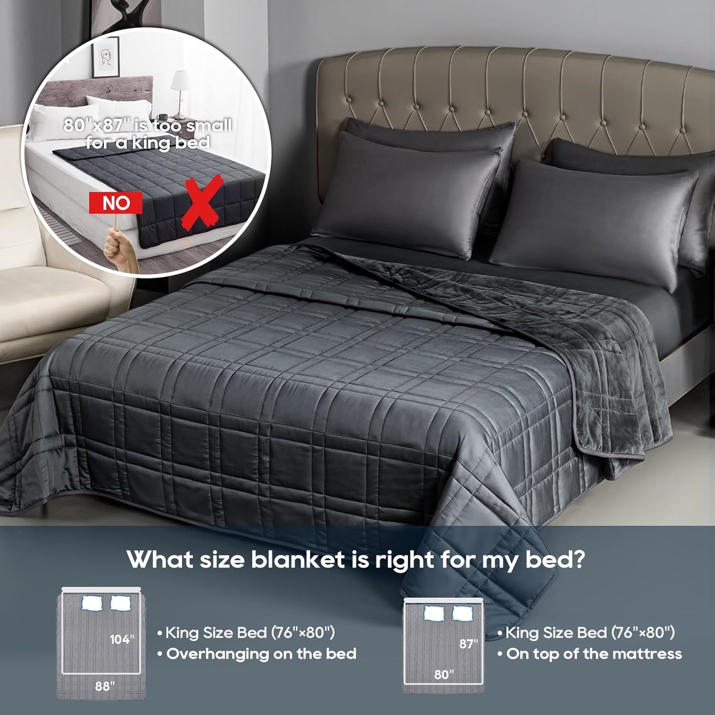 Weighted Blanket King Size 25lbs(88''x104'', Dual-Sided), Reversible King Weighted Blanket with Cozy Warm Velvet & Cooling Tencel Fabric for Adults & Couple All Season - Carry Bag Included, Dark Grey