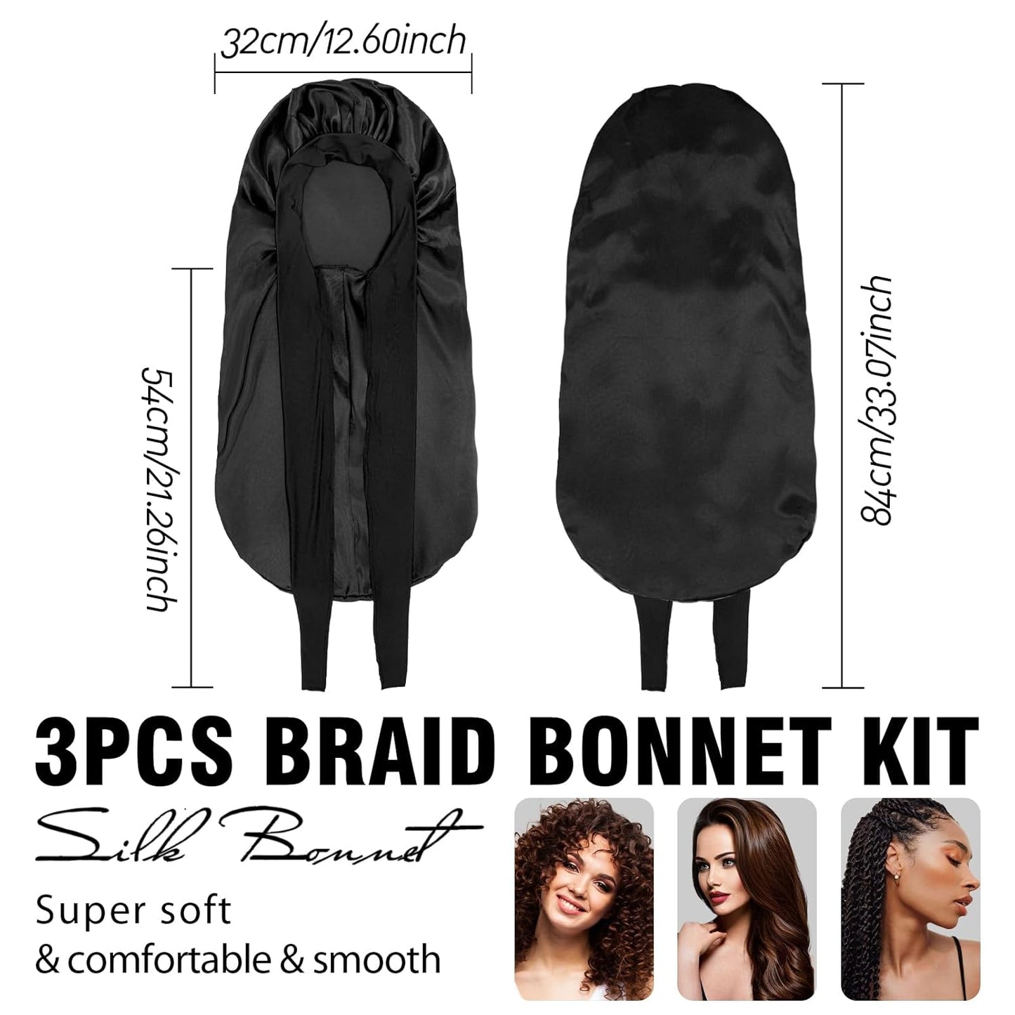 3Pcs Bonnets for Black Women Braid Bonnet, Large Long Satin Bonnet for Braids Sleeping, Black Women Satin Silk Bonnet (3Pcs-Black & Pink & Leopard)