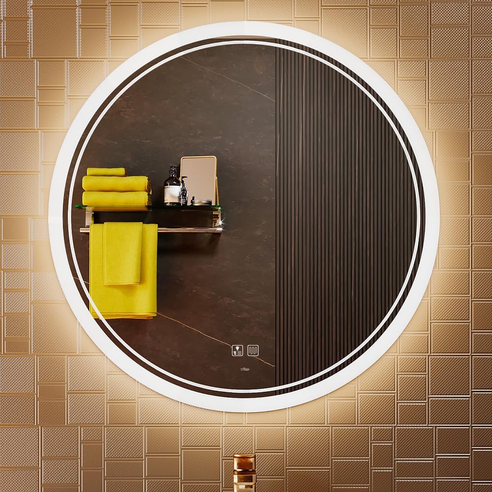 KWW Round Mirror Bathroom LED Lighted Mirror, Illuminated Dimmable Anti-Fog Wall-Mounted Makeup Vanity Mirror with Lights (27.5" L x 27.5" W)