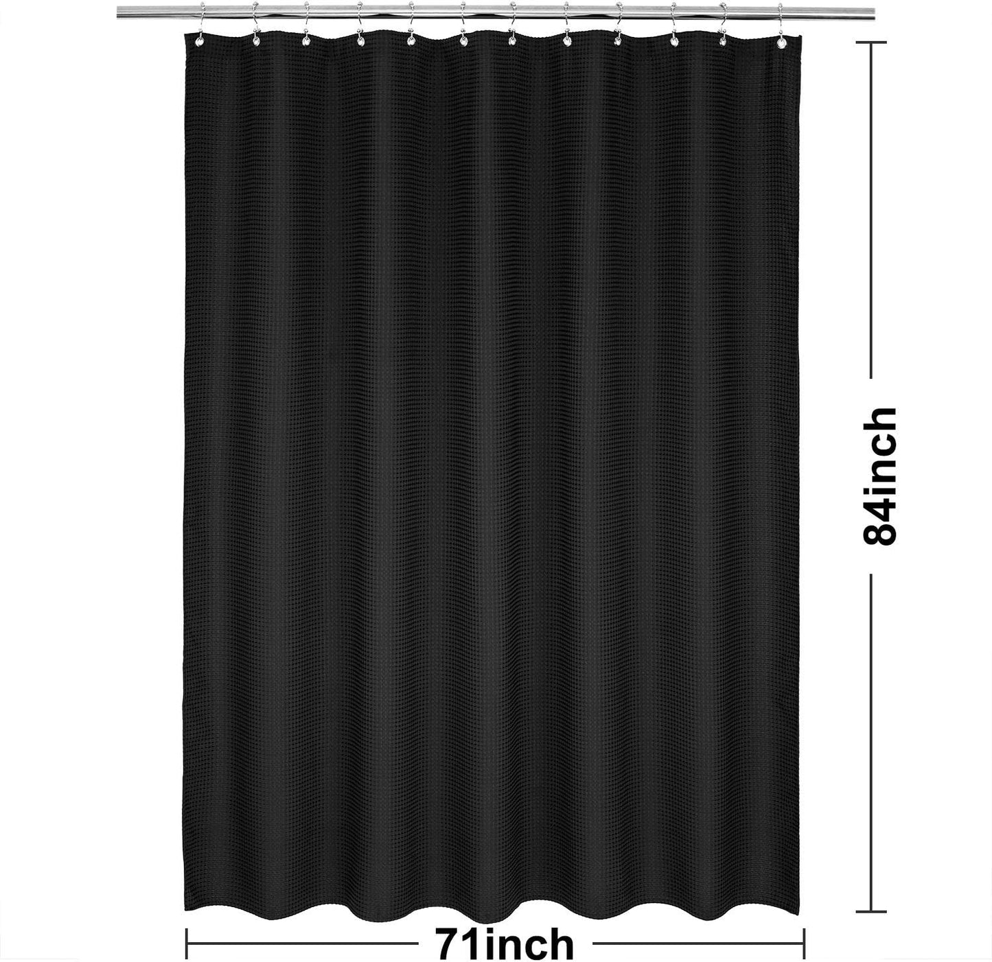 Barossa Design Extra Long Waffle Weave Shower Curtain 71" W x 84" H - Hotel Luxury Spa, 230 GSM Heavy Weighted Fabric, Water Repellent, Black, 71x84