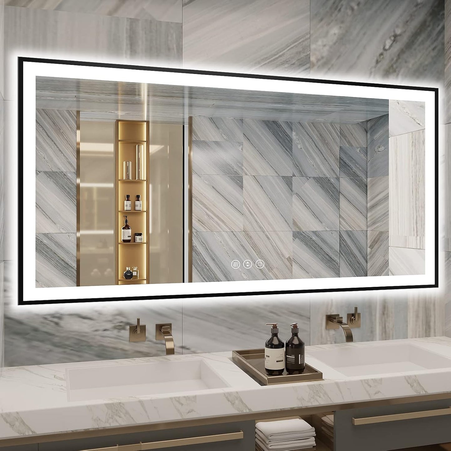 72x36 Bathroom Mirror With Lights - Black Aluminum Framed (Front and Backlit), Anti-Fog LED Lighted Bathroom Mirror,Stepless Dimmable Vanity Mirror,3 Colors Smart Mirror(Horizontal/Vertical)