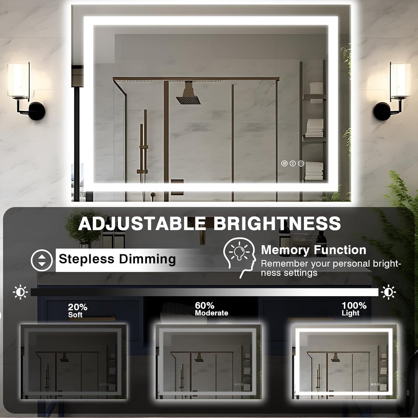 48"x36" LED Bathroom Mirrors for Wall, Front and Backlit Mirror, Anti-Fog Vanity Mirror with Lights, Stepless Dimmable Lighted Mirror, 3 Colors Smart Mirror (Horizontal/Vertical)