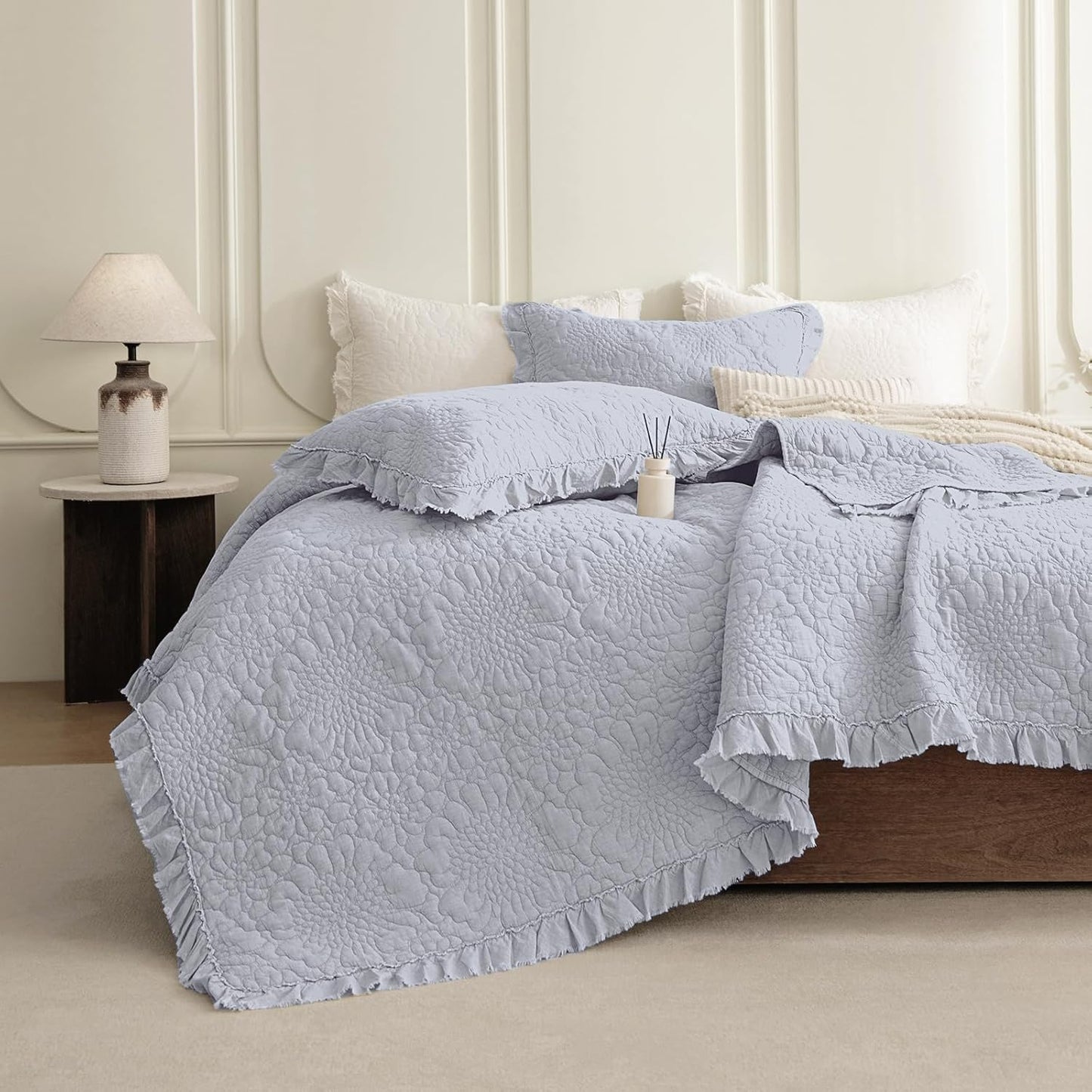 QSH 3PCs Stonewashed Cotton Quilt King (110"x98"), Cornflower Blue Ruffled Quilt King Size Bedding Set, Ultra Lightweight Soft Crinkled Bedspread Coverlet King Shabby Farmhouse Chic Bedding Set