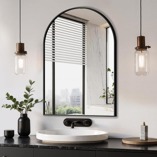 Delma Arched Bathroom Mirror, 20"x30" Wall Mounted Vanity Mirror for Bedroom, Living Room and Entryway, Black