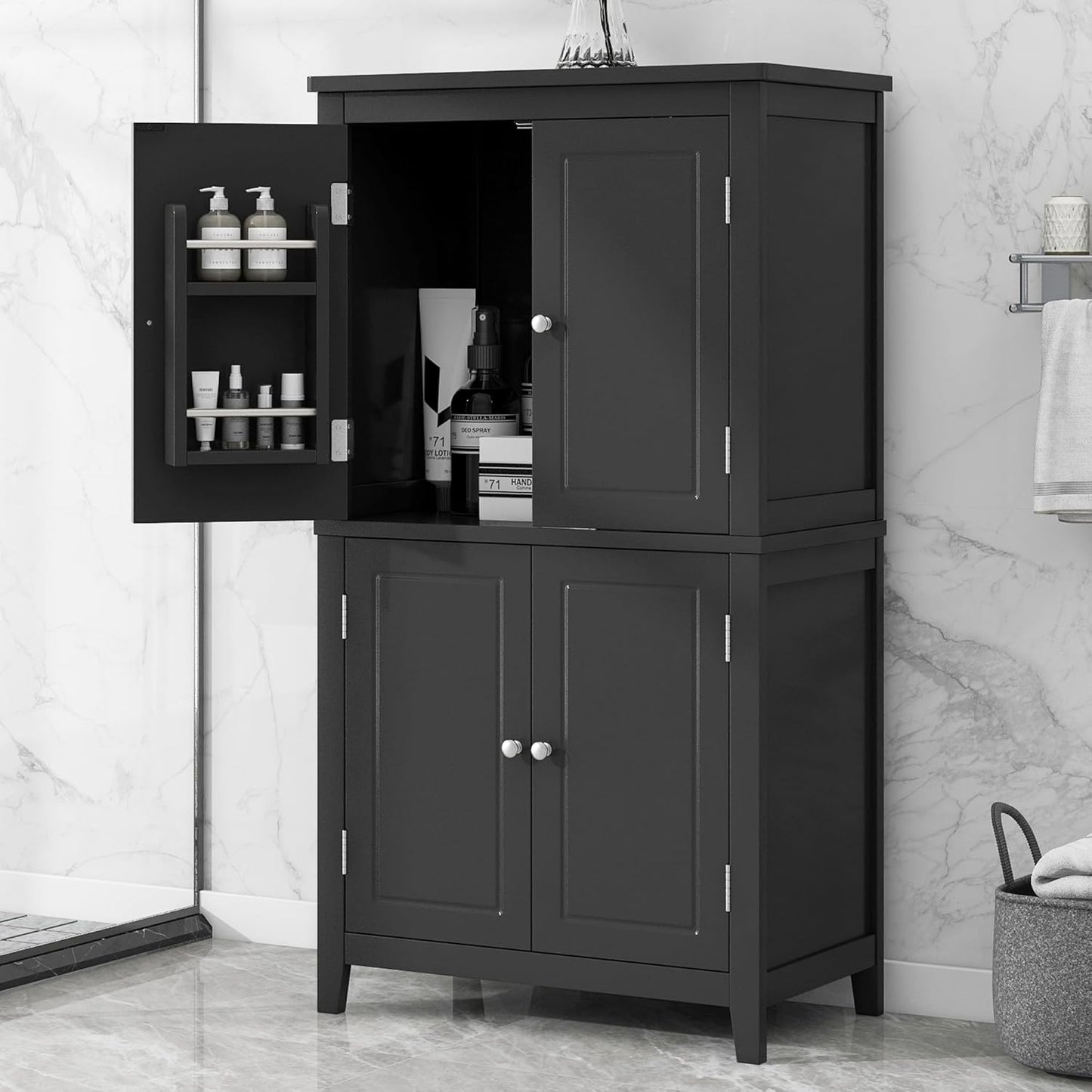 Freestanding Storage Cabinet with 4 Doors,Elegant Organizer Unit with Adjustable Shelves, Sturdy MDF Frame, Anti-Tipping Design, Large Capacity for Bathroom, Kitchen, Office, Home, Black