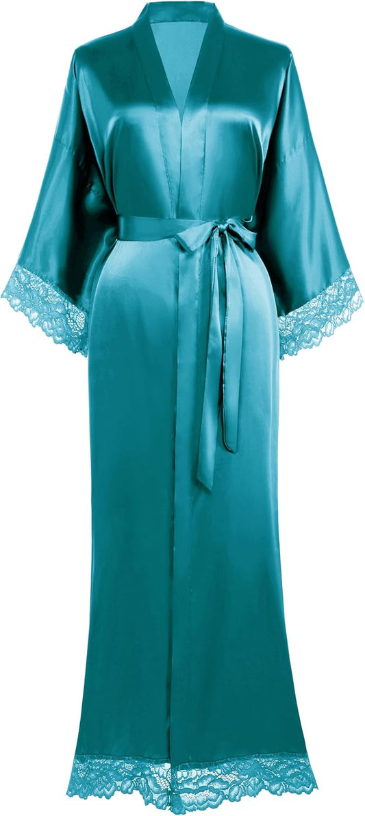 BABEYOND Satin Kimono Robe Silky Long Bridesmaid Wedding Lightweight Bath Robe with Lace Trim