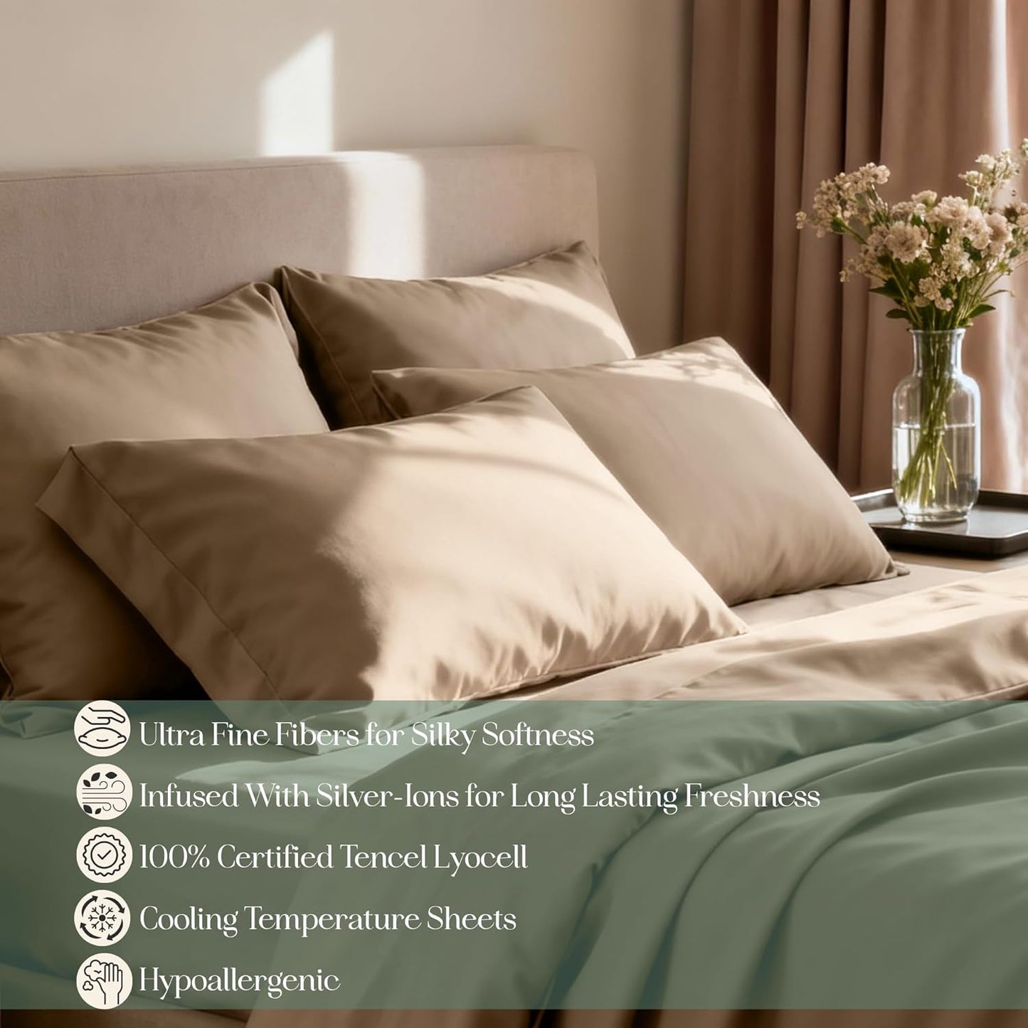 CASILVA Eucalyptus Sheets - Infused with Silver for Anti-Odor, Softer Than Silk Fibers, More Cooling Than Cotton - Perfect for Hot Sleepers & Sensitive Skin - 100% Tencel Lyocell - King Sheet Set