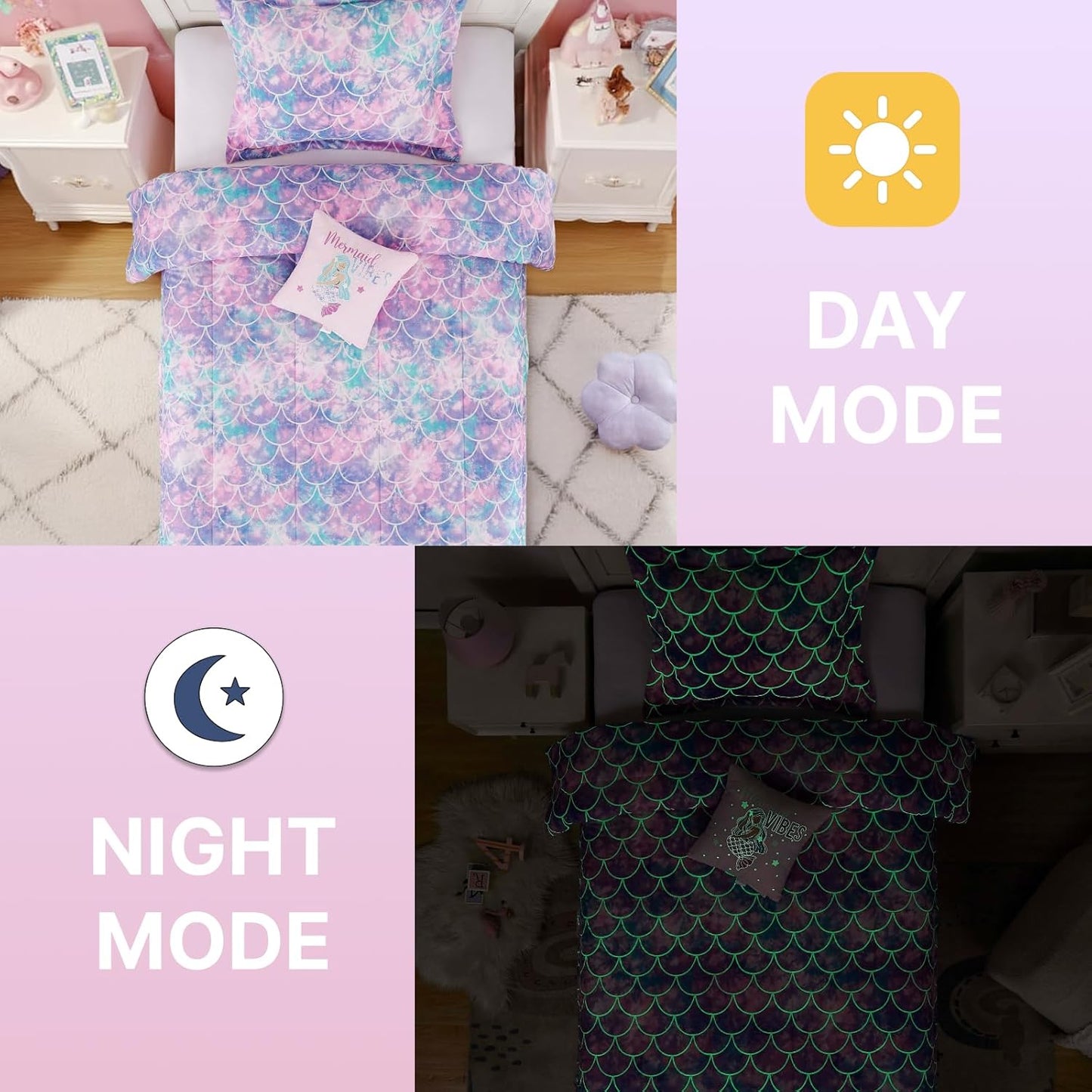 Twin Comforter Set for Girls-3 Pieces Mermaid Glow in The Dark Twin Bedding Sets for Kids,1 Comforter,1 Sham and 1 Decor Pillow