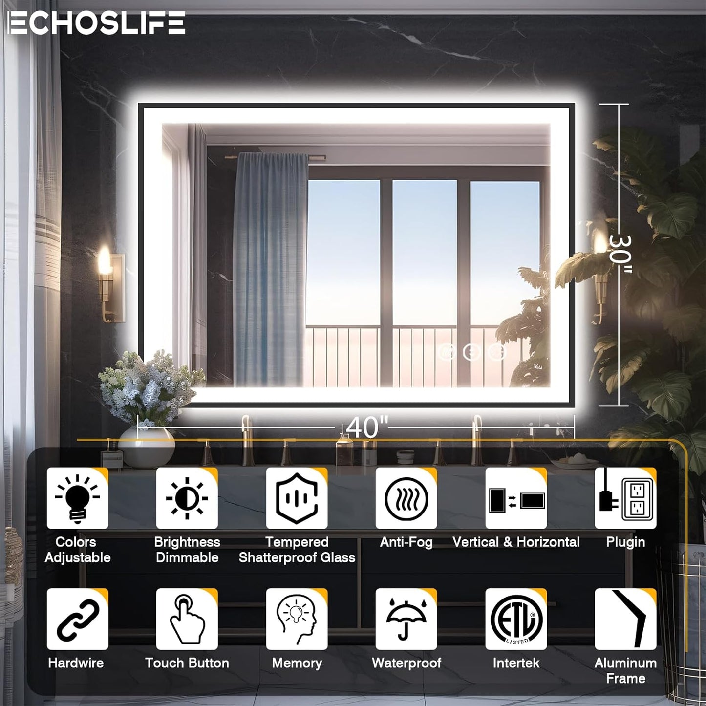 40x30 LED Lights Bathroom Mirror -Black Aluminum Rimmed(Front lit and Backlit),Anti-Fog Vanity Mirror with Lights,Stepless Dimmable Lighted Mirror,3 Colors Smart Mirror(Horizontal/Vertical)