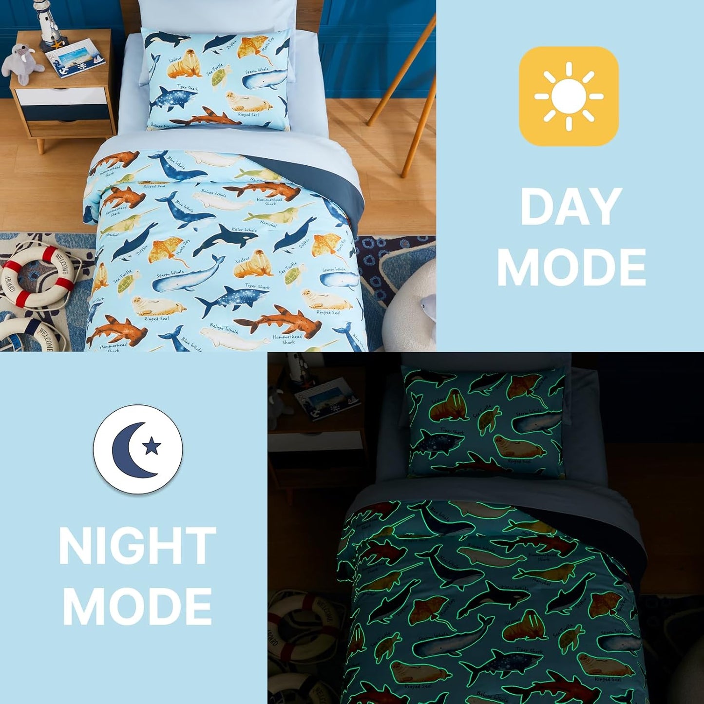 Twin Comforter Set for Boys-5 Pieces Ocean Animals Glow in The Dark Twin Bedding Sets for Kids, Ultra Soft Bed in A Bag with Sheets