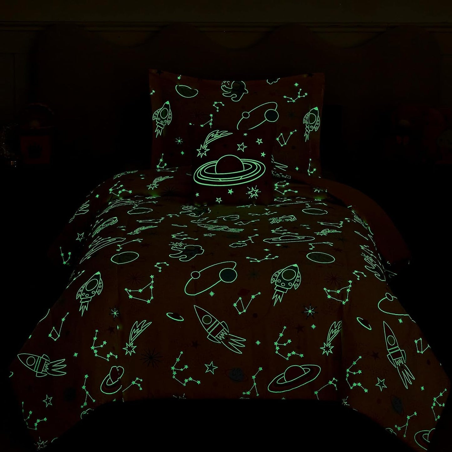 Twin Comforter Set for Girls-3 Pieces Space Glow in The Dark Twin Bedding Sets for Kids,1 Comforter,1 Sham and 1 Decor Pillow