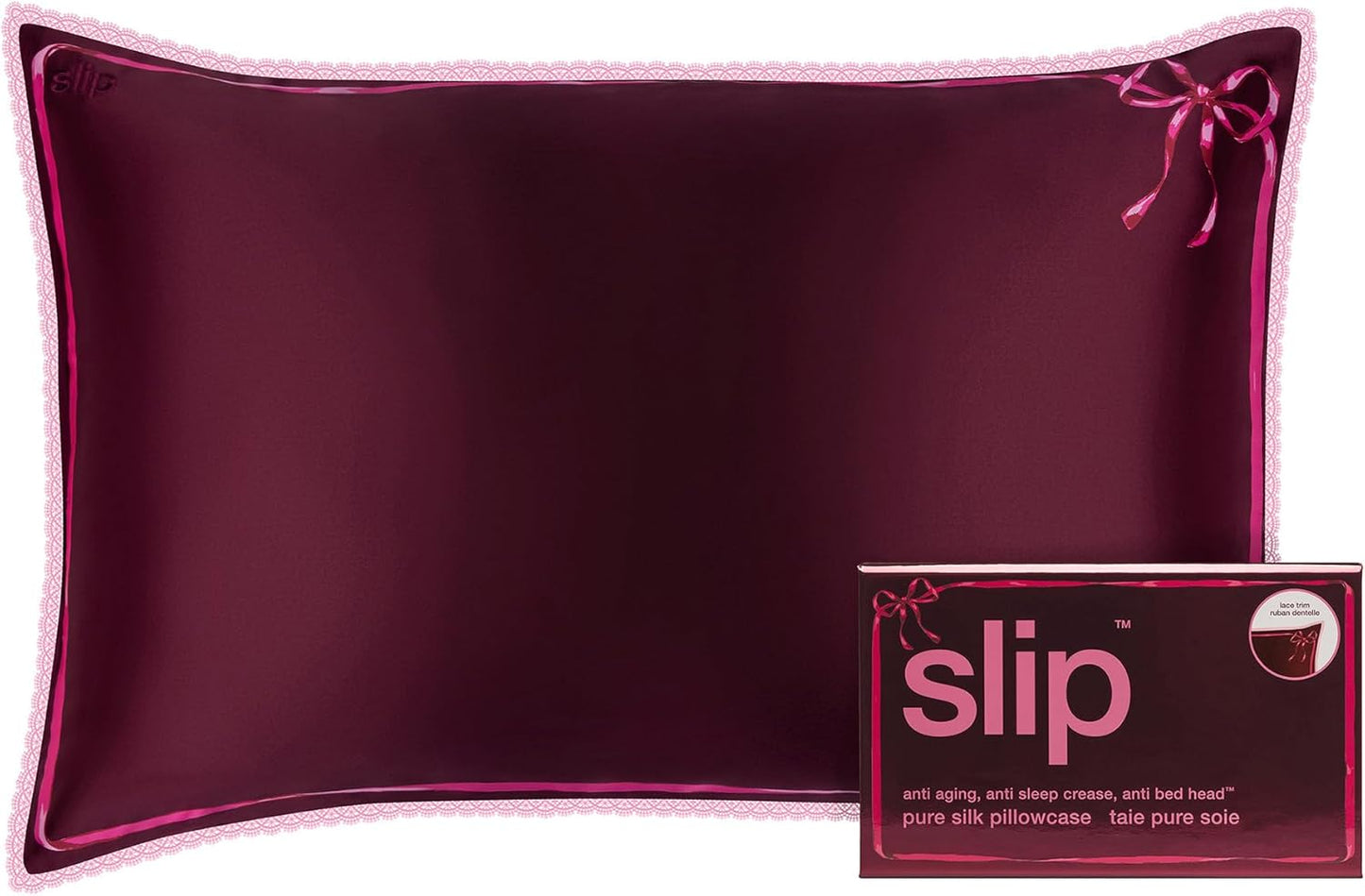 slip Queen Silk Pillowcase – Crimson Kiss Limited Edition with Lace Trim – 100% Pure Mulberry Slipsilk™ – Anti-Frizz, Anti-Aging, Invisible Zipper Closure