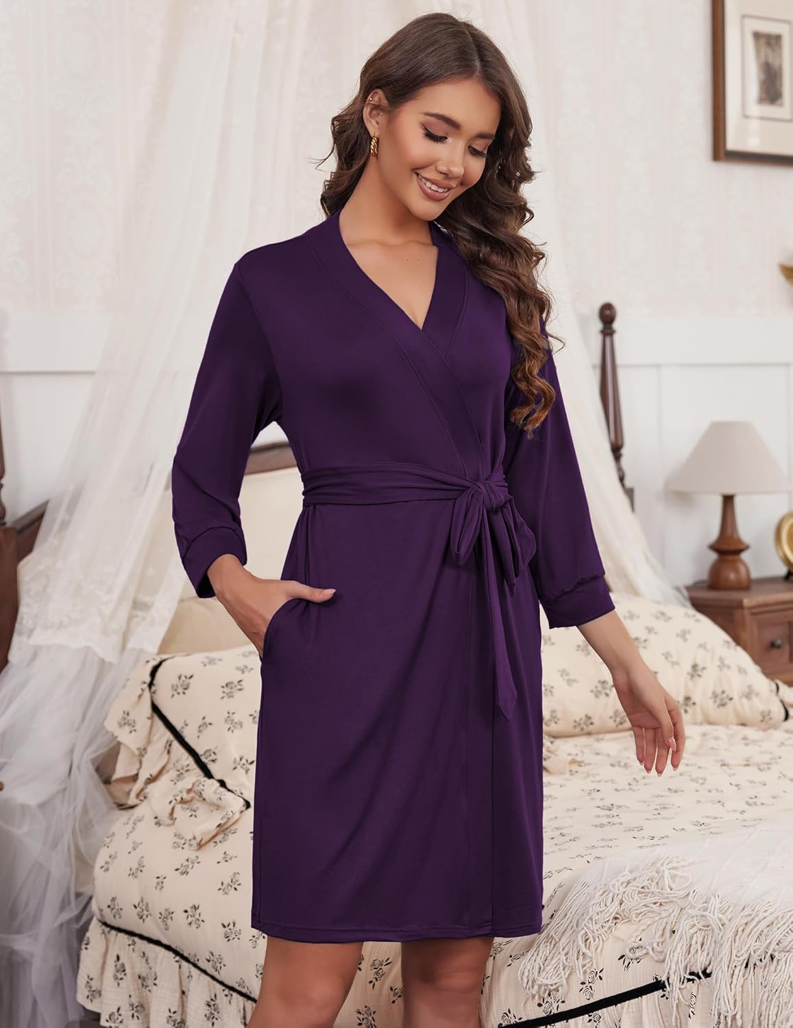 HOTOUCH Womens Robe Lightweight Short Knit Bathrobe Soft Ladies Sleepwear with Pockets