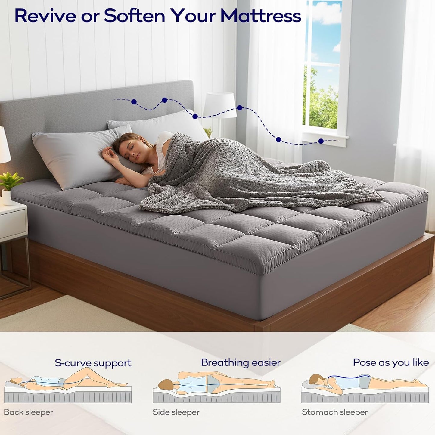 OLANLY Dual-Layer 4 Inch Queen Size Memory Foam Mattress Topper for Back Pain, 2 Inch Cooling Pillow Top Mattress Pad Cover and 2 Inch Gel Memory Foam Topper, Deep Elastic Pocket, Light Grey