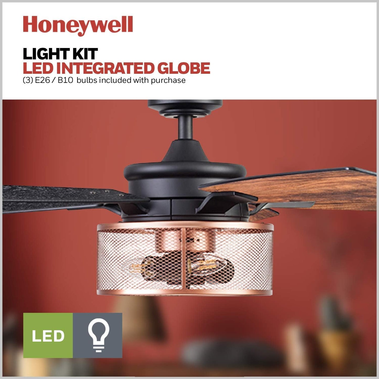 Honeywell Ceiling Fans Carnegie Industrial 52 Inch Ceiling Fan with Light, Remote Control Fan, LED Indoor Fan with 5 Blades, Black Oak and Brown Mopane Blade Finish Options, Copper (51459-01)