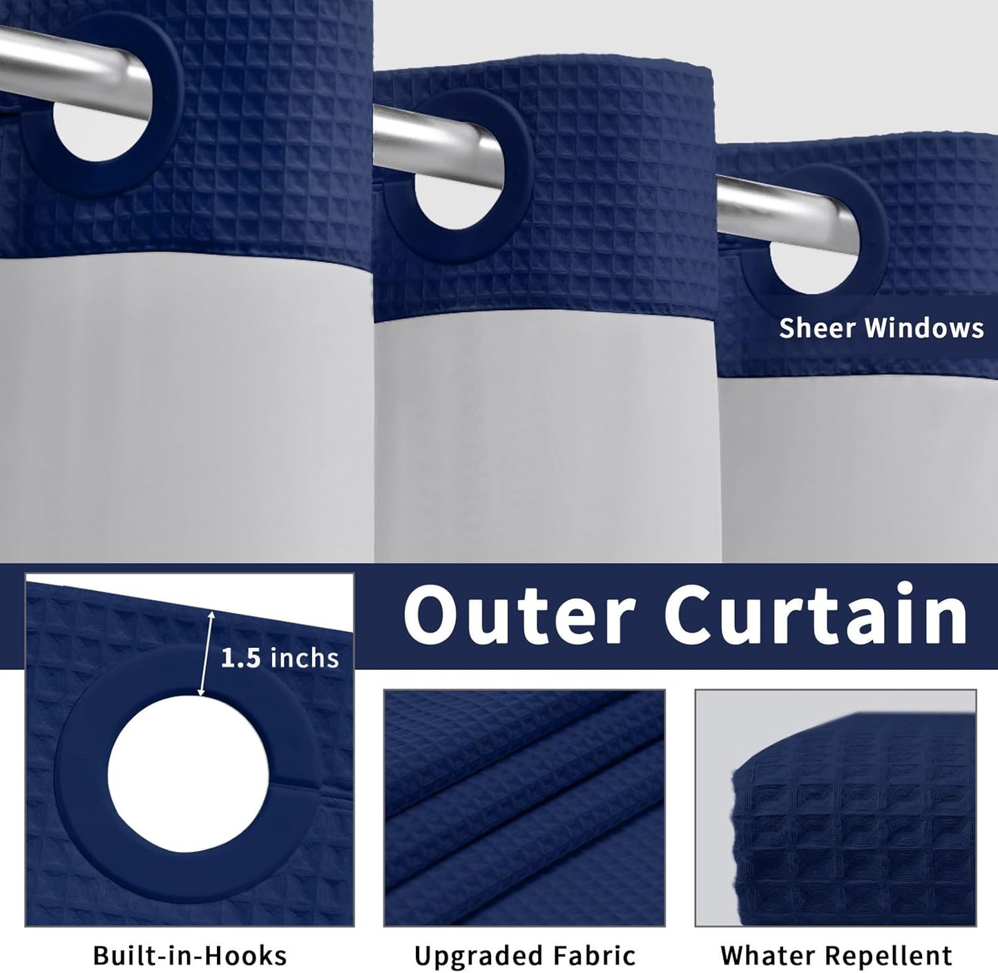 YellyHommy No Hook Shower Curtain and Liner Set Less Time Waffle Cotton Hotel Shower Curtain with Snap in Liner 72" Wx 75" L Blue