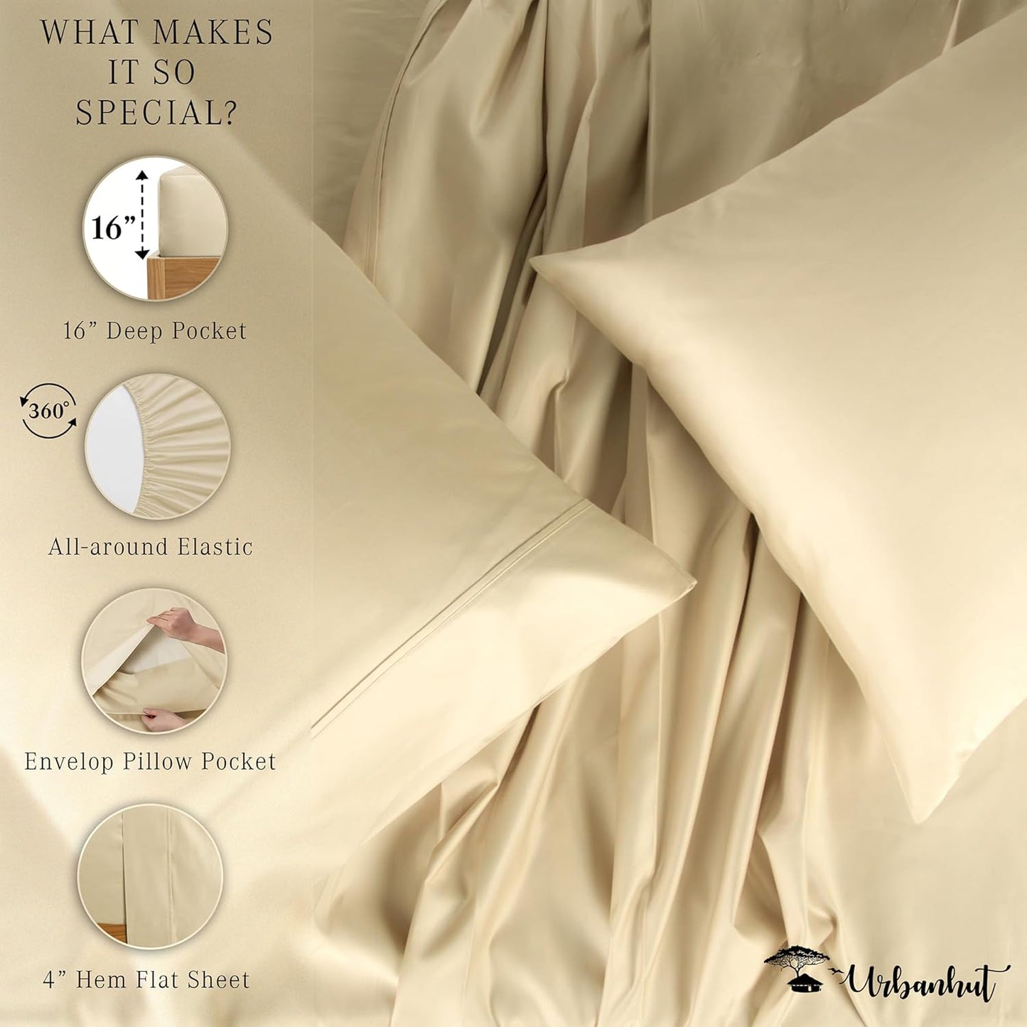 URBANHUT 1000 Thread Count Full Size Egyptian Cotton Sheets, Long Staple Soft & Breathable, 4 Pc Bed Sheet Sets, Luxury Hotel Sateen Sheets Fits 16" Deep Pocket - Sand