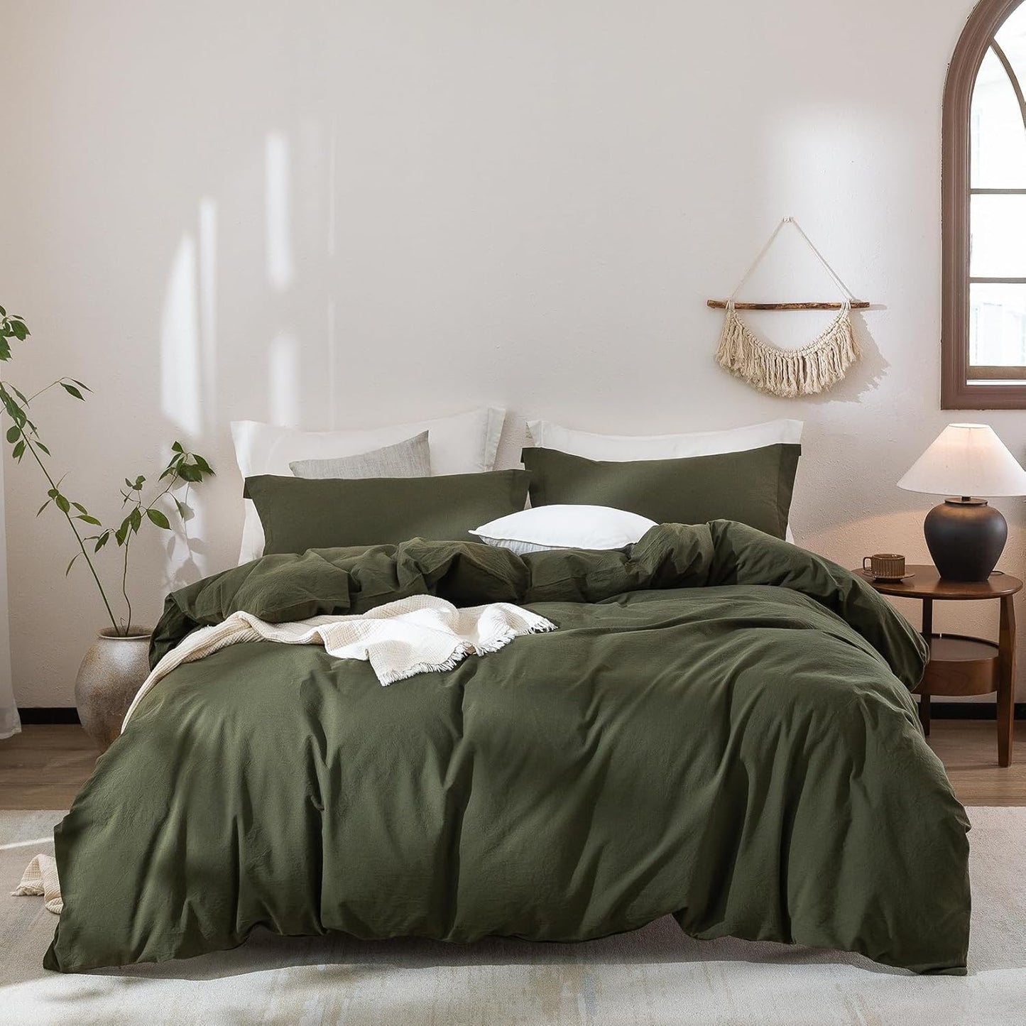 Olive Green Duvet Cover Super Queen Size, 100% Washed Cotton Bedding Set Cover 1 Duvet Cover 98inch x 90inch with Zipper Closure and 2 Pillowcases, Olive Green