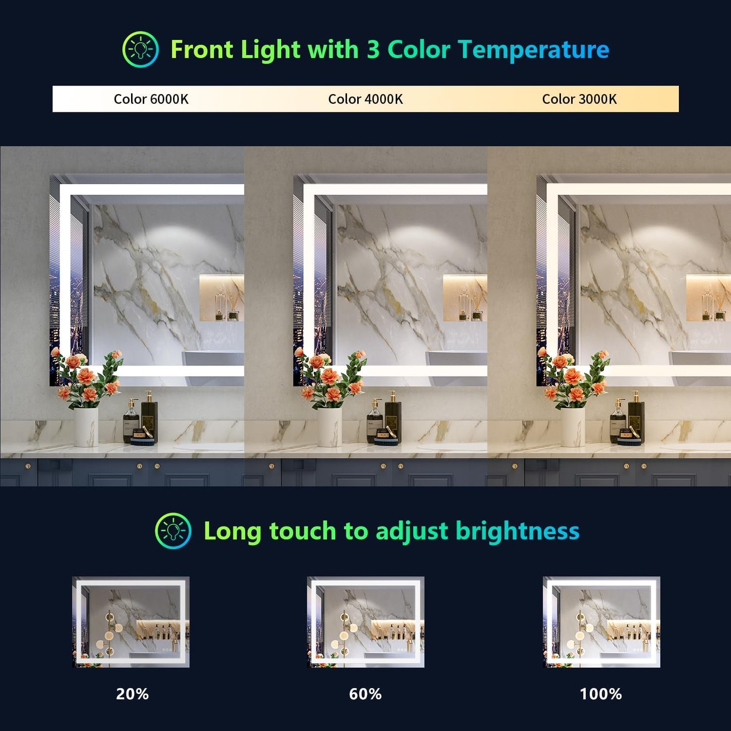 24x36 Inch RGB LED Bathroom Mirror Front Light and RGB Backlit Lighted Vanity Mirror for Bathroom Wall Mounted Dimmable Anti Fog Memory Shatter-Proof IP54 Waterproof Horizontal/Vertical