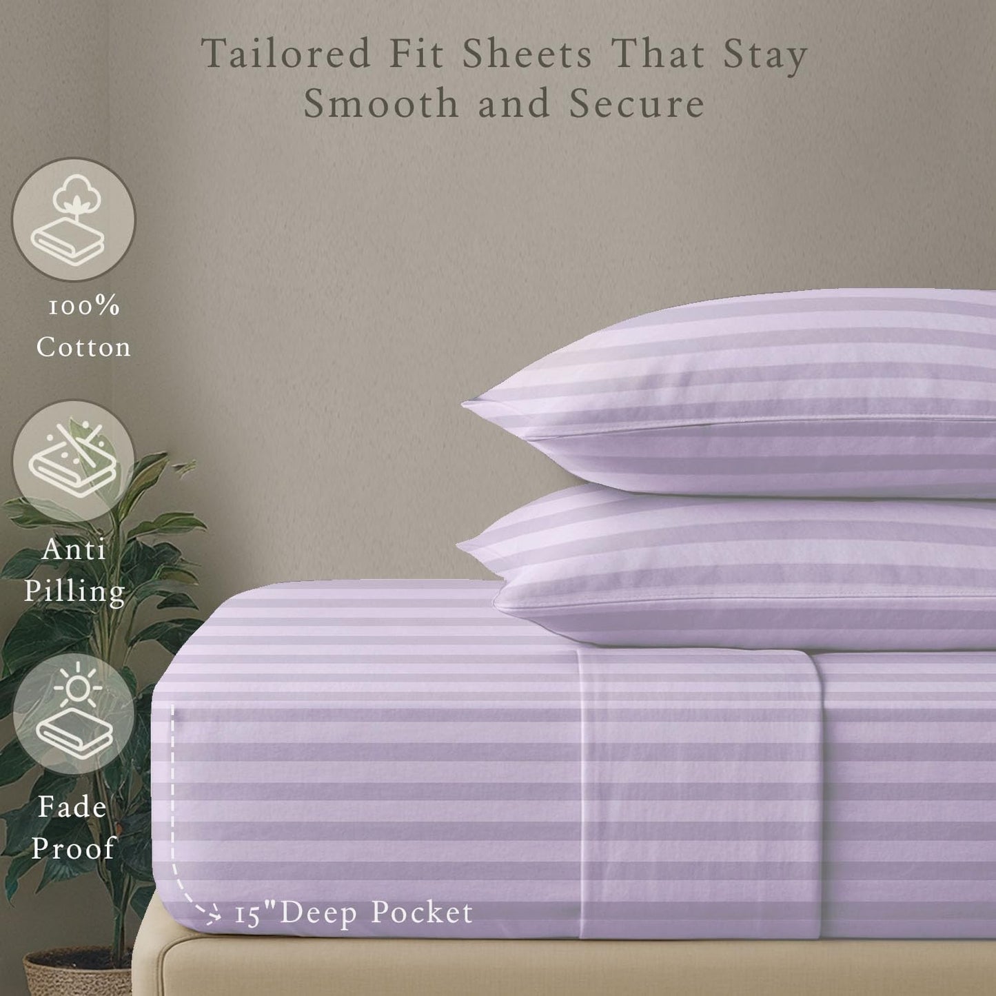 Threadmill 500 Thread Count Twin Size Damask Stripe, 3 Pc Luxury Cotton Sheet Set, Breathable & Silky Soft Lilac Sheets with 15" Elasticized Deep Pocket, 1 Pillowcase & Free Tote Bag