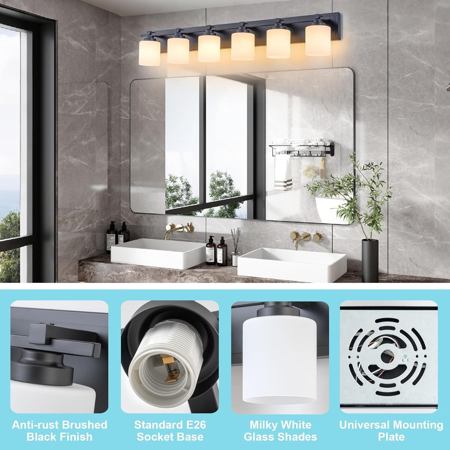 6 Light Modern Bathroom Light Fixtures Over Mirror, Black Vanity Lights for Bathroom Wall Sconces with Milky White Glass Shades, E26 Socket (Bulbs Not Included)
