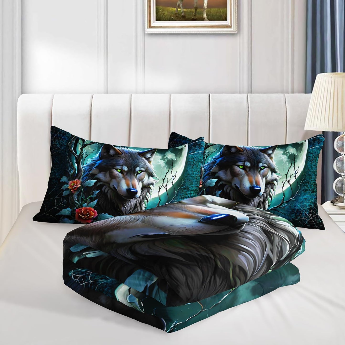 Wildlife Themed Bedding Wolf Comforter Set,Spooky Spider Web Vine Print Comforter Queen Kids Bed in a Bag,Moonlight Aesthetic Bedding Sets for Boys Teens Room Decor with 2 Pillowcases.
