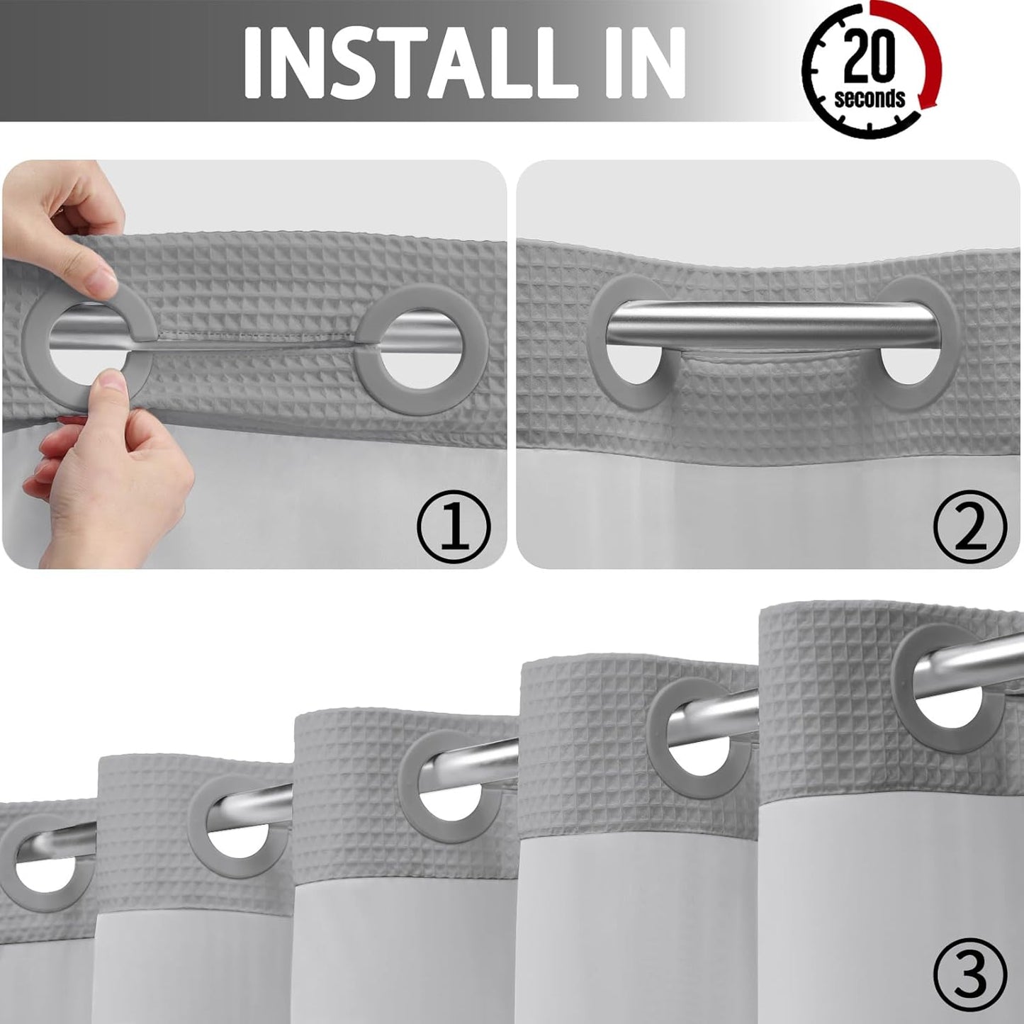 YellyHommy No Hook Shower Curtain and Liner Set Less Time Dark Grey Waffle Cotton Hotel Shower Curtain with Snap in Liner 72" Wx 75" L