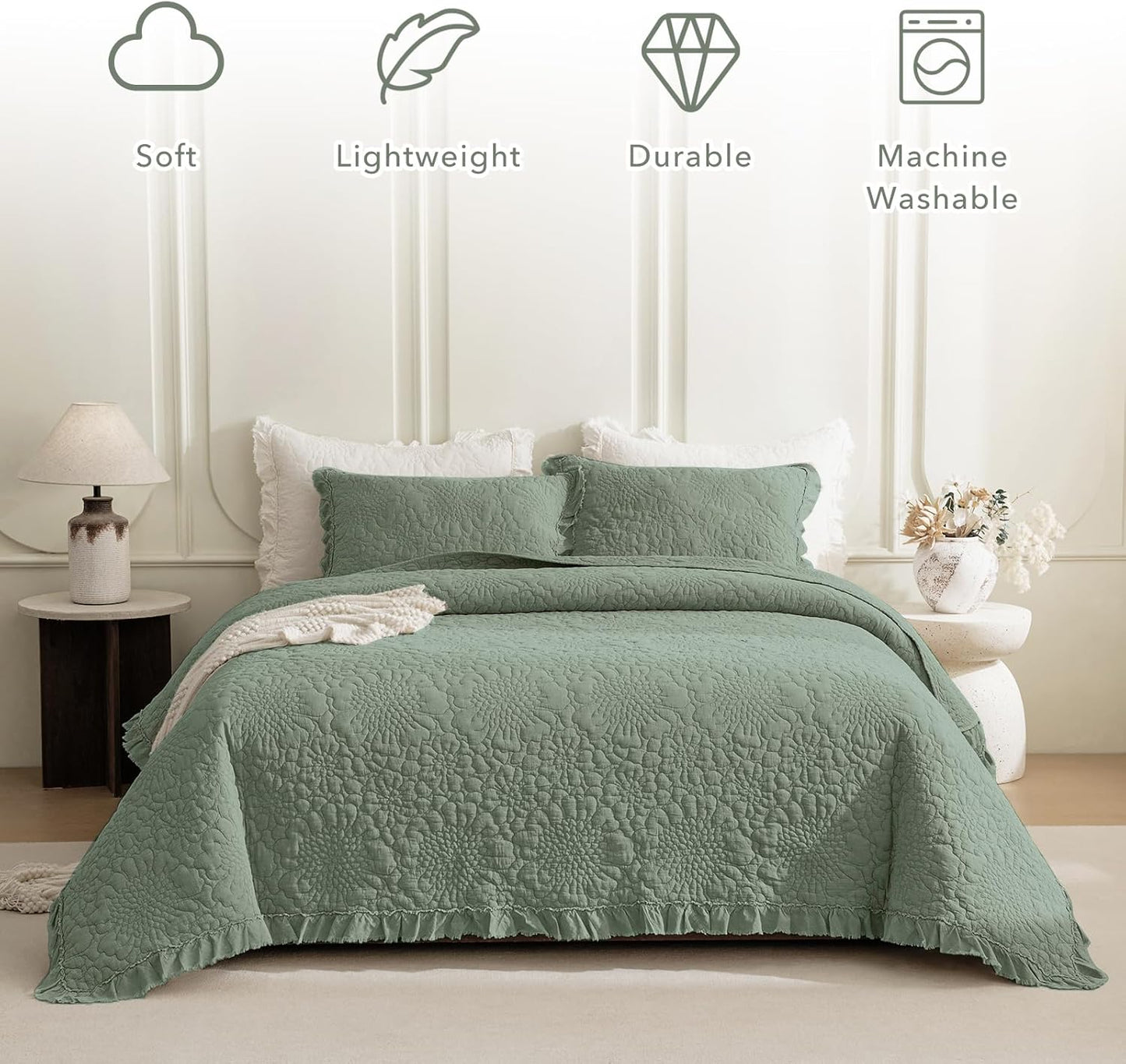 QSH 3PCs Olive Green Ruffled Quilt Queen Size (90"x98"),Stonewashed Cotton Quilt Set,Ultra Soft Lightweight Crinkled Bedspread Coverlet Queen Shabby Farmhouse Bedspreads Bedding Set with Pillow Shams