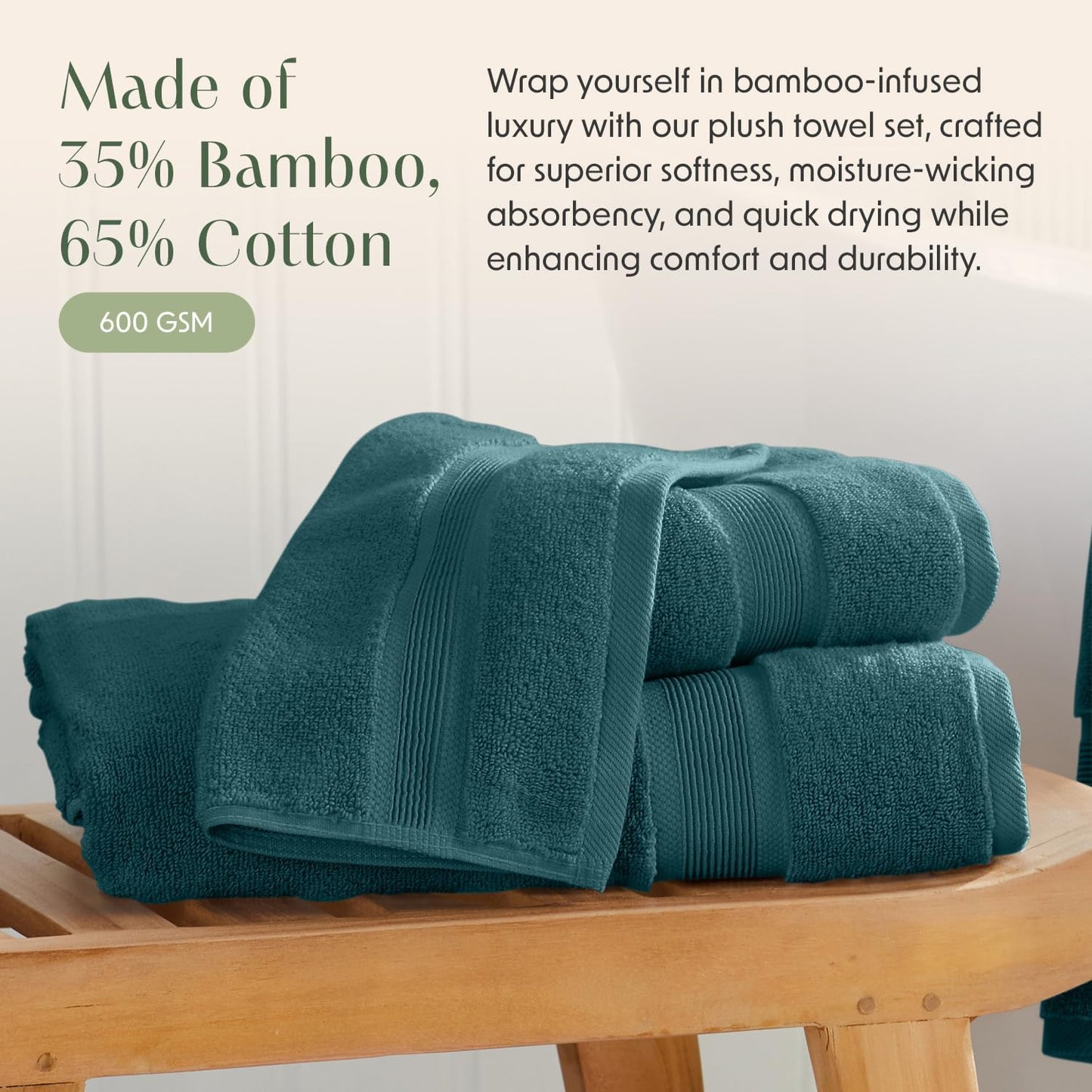 Springtree Home Luxury Viscose from Bamboo Bath Towel Set of 4 | 35% Viscose from Bamboo - 65% Cotton | Absorbent Quick-Dry Towels for Bathroom | Oeko-TEX Standard 100 Cotton | Deep Teal