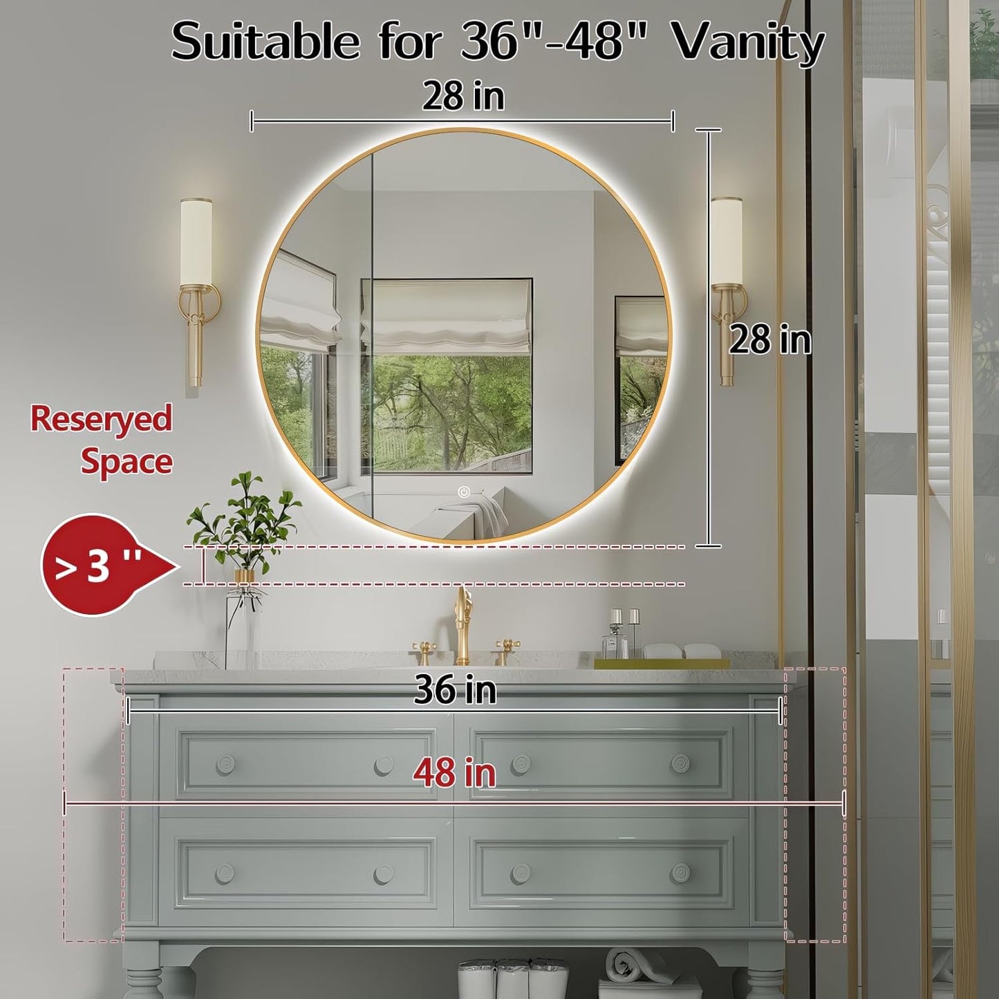Niccy 28" LED Backlit Round Mirror for Bathroom, Gold Framed Vanity Light Wall Mirror LED Smart Circle Mirrors with 3 Lighting Colors, Dimmable Lighted Mirror with Anti-Fog, IP65 Waterproof
