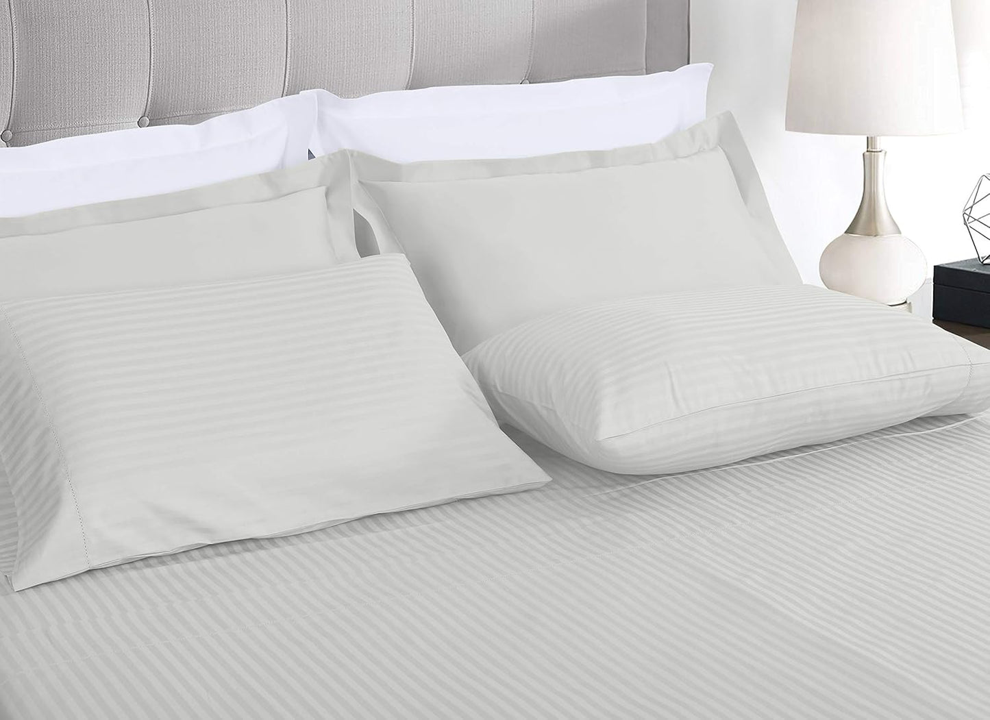 Threadmill 100% Cotton Sheets for King Size Bed - 600 Thread Count King Bed Sheets Set with 16” Deep Pocket - Damask Stripe Sateen Weave 4-Piece Bedding Set with Cooling Effect, Light Grey