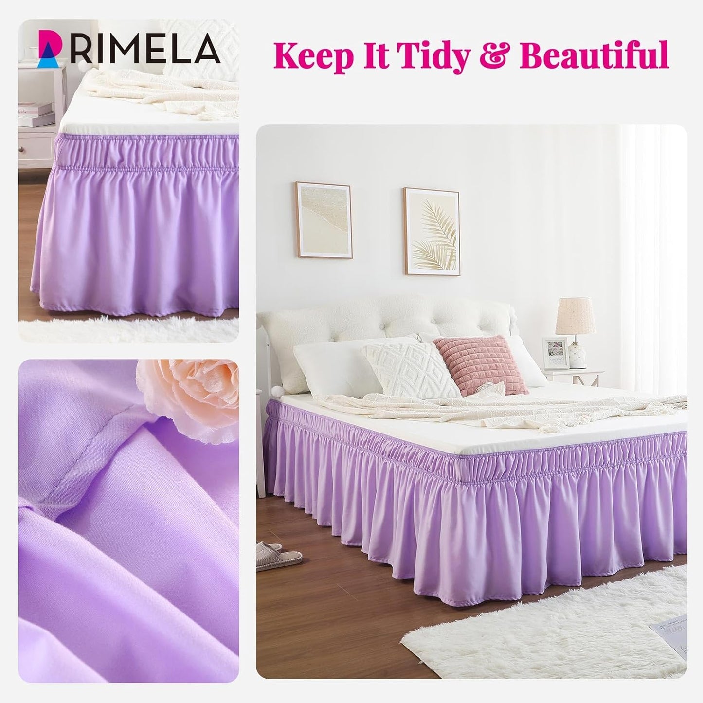 RIMELA Bed Skirting Queen Size Lilac Purple Bed Skirt 18 Inch Drop, Wrap Around Elastic Adjustable Bedskirt, Dust Ruffle for Bed Frame & Box Spring Soft Durable Fabric Machine Washable Easy to Install