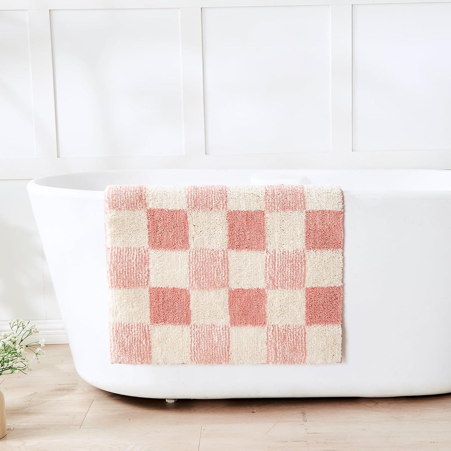 CozeCube Bath mats for Bathroom Non Slip, Fluffy Absorbent Microfiber Bath mat Washable, Aesthetic Bathroom Rugs, Large Blossom Pink Checkered Bath mat, Blossom Pink, 36" x 24"
