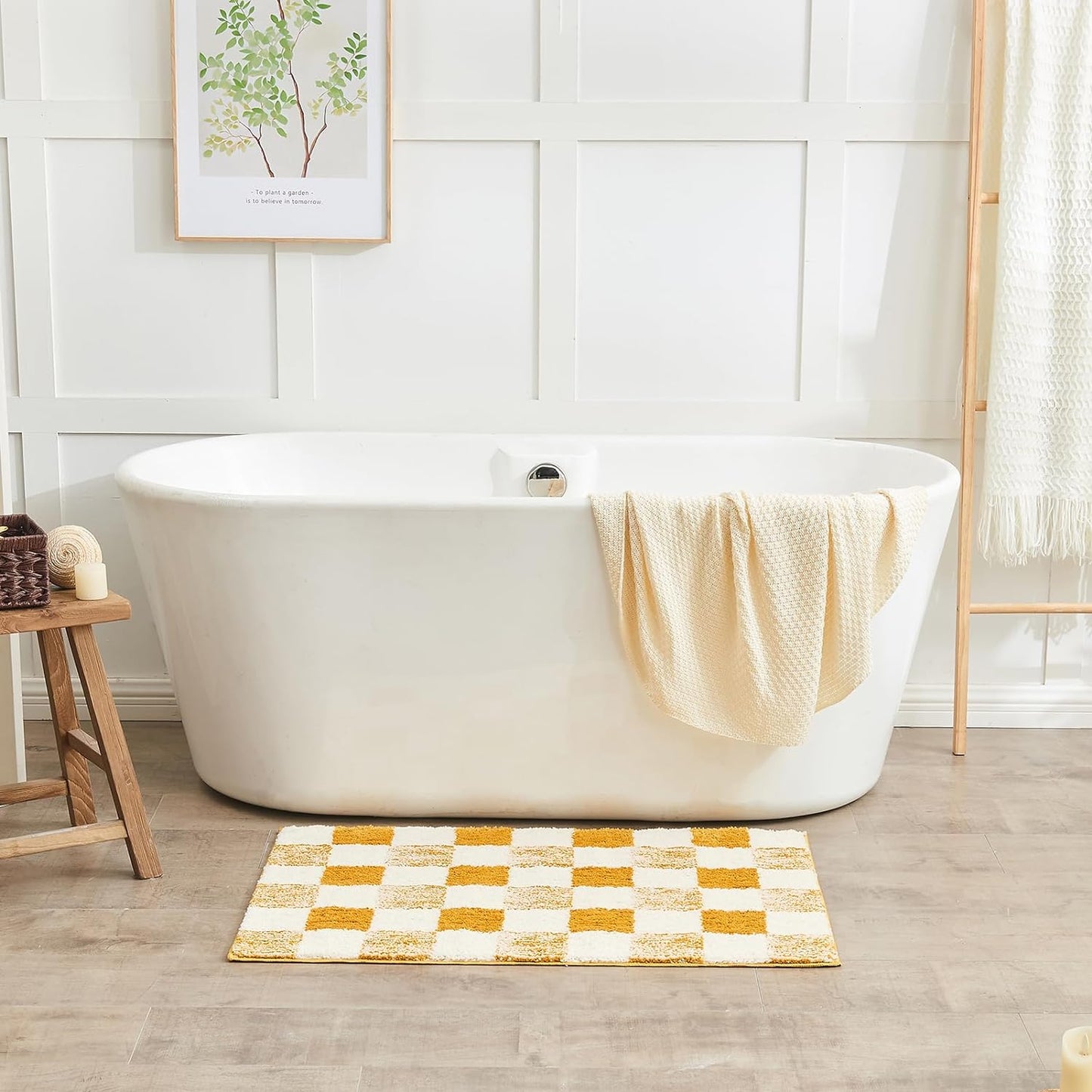 CozeCube Bath mats for Bathroom Non Slip, Fluffy Absorbent Microfiber Bath mat Washable, Aesthetic Bathroom Rugs, Cute Harvest Gold Checkered Bath mat, Harvest Gold, 32" x 20"