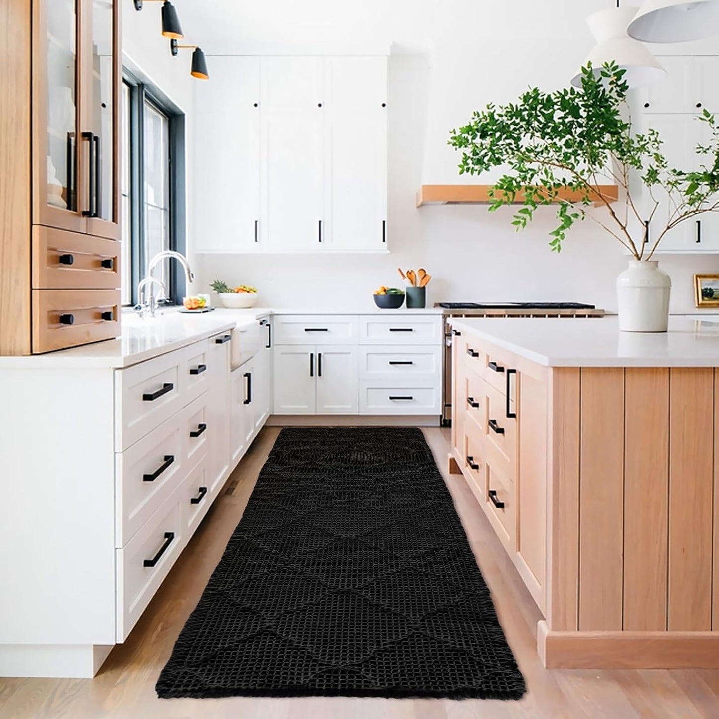 ZALL Black Waffle Bath Mat,Super Absorbent Non Slip Bathroom Rug,Brown 24X72 inch, Geometric Diamond Machine Washable Ultra Soft Floor Mats
