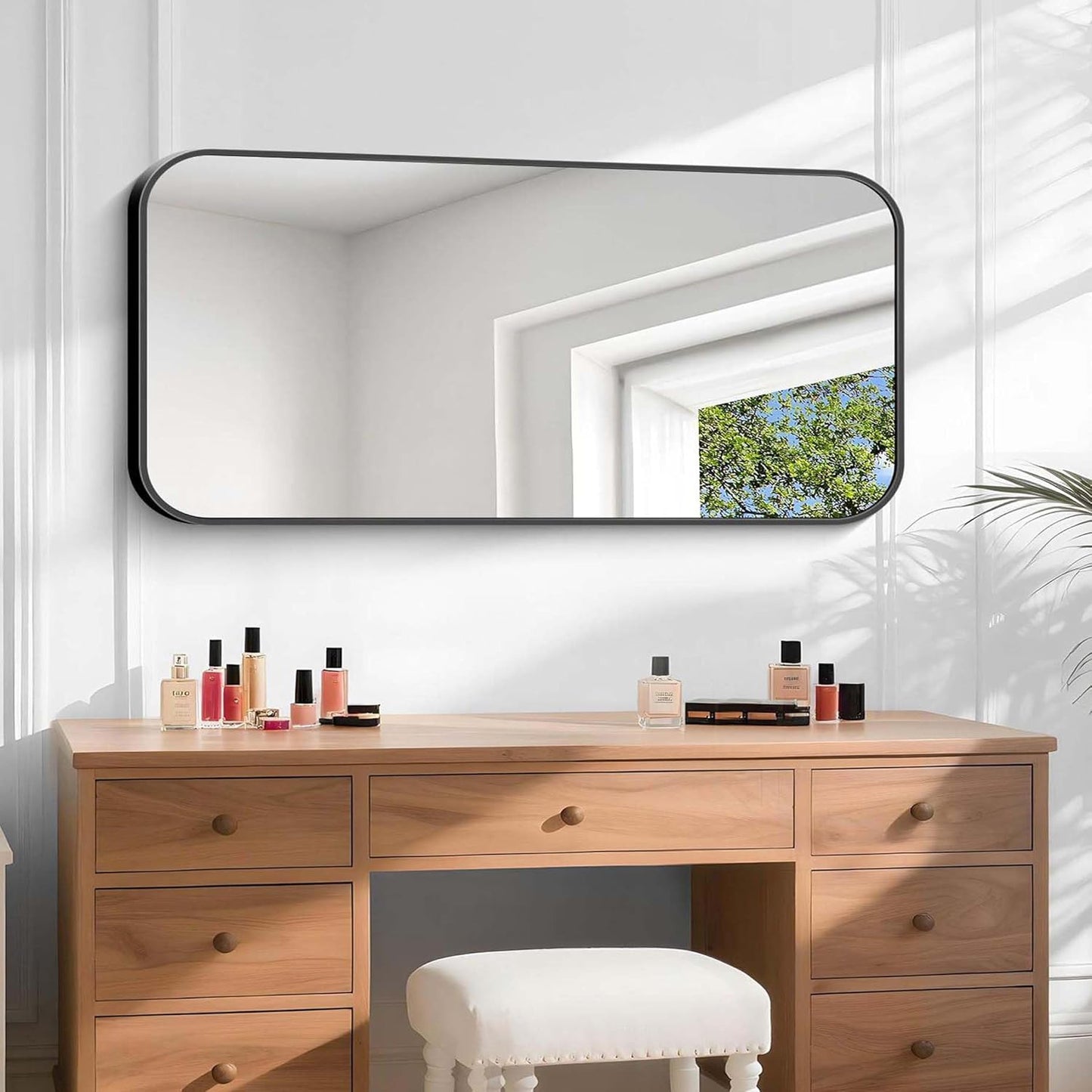Bathroom Mirror, 48 x 24 inch Black Rectangle Wall Mirror, Metal Framed Rectangular Vanity Mirror, Rounded Corner Wall Mounted Mirror for Modern Bedroom Living Room Horizontal/Vertical