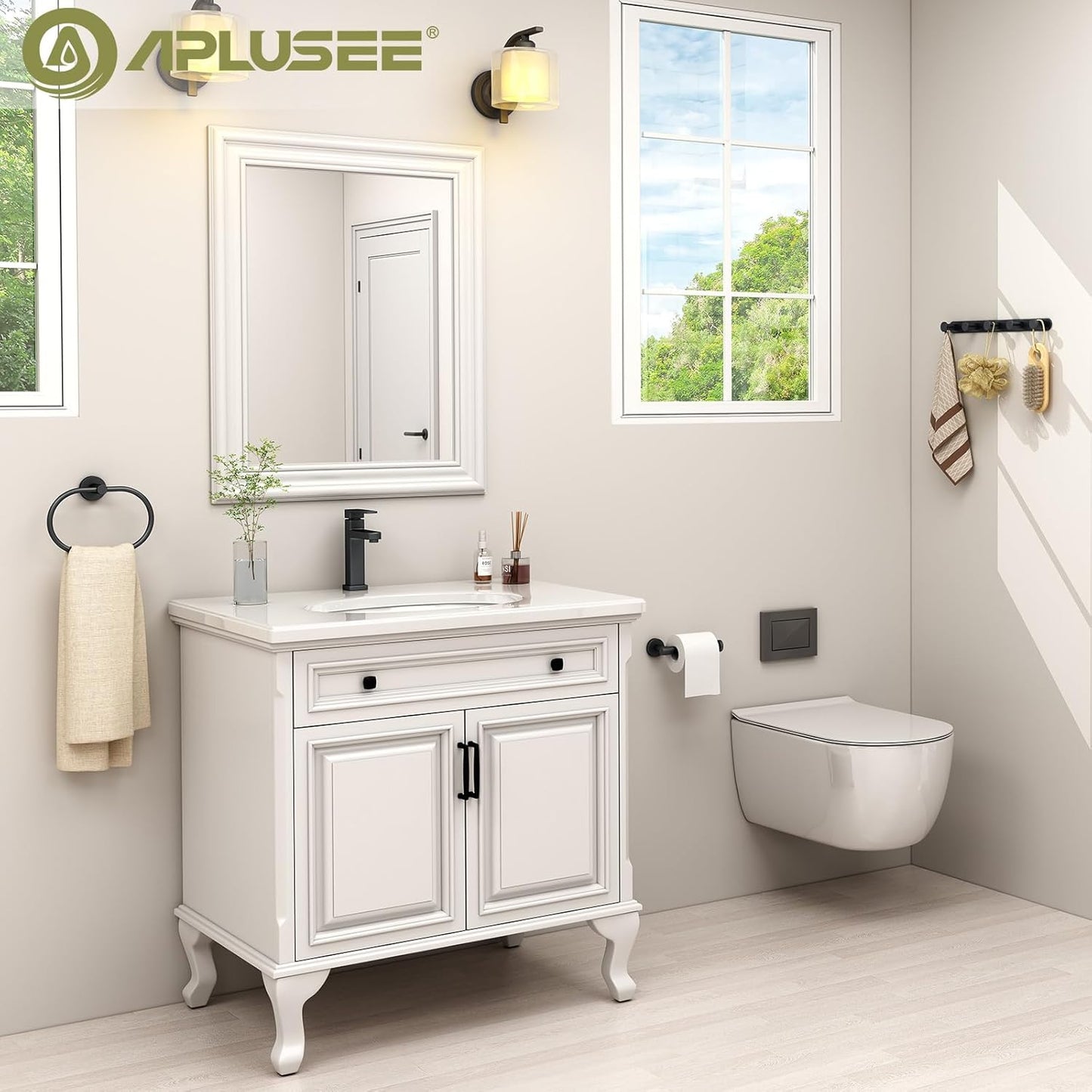 APLusee Matte Black 2 Pieces Bathroom Accessories Set, Hand Towel Ring, Toilet Paper Holder, Stainless Steel Bath Hardware Wall Mounted